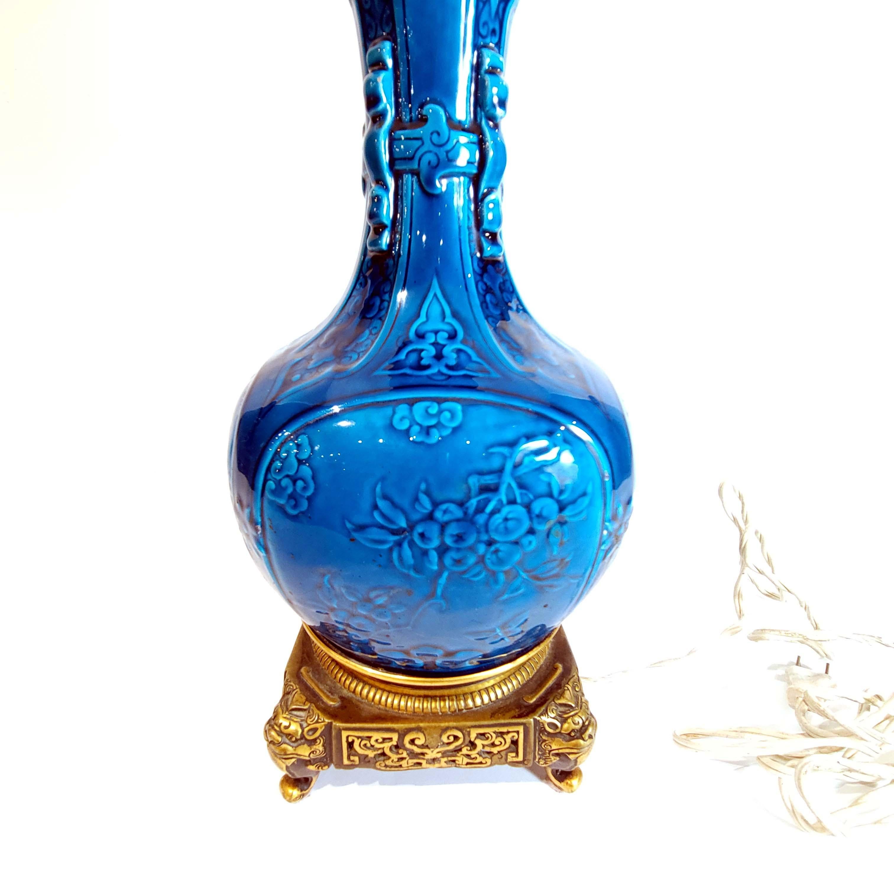 Late 19th Century Ormolu Mounted  THEODORE DECK 'PERSIAN BLUE' Vase Mounted as Lamp