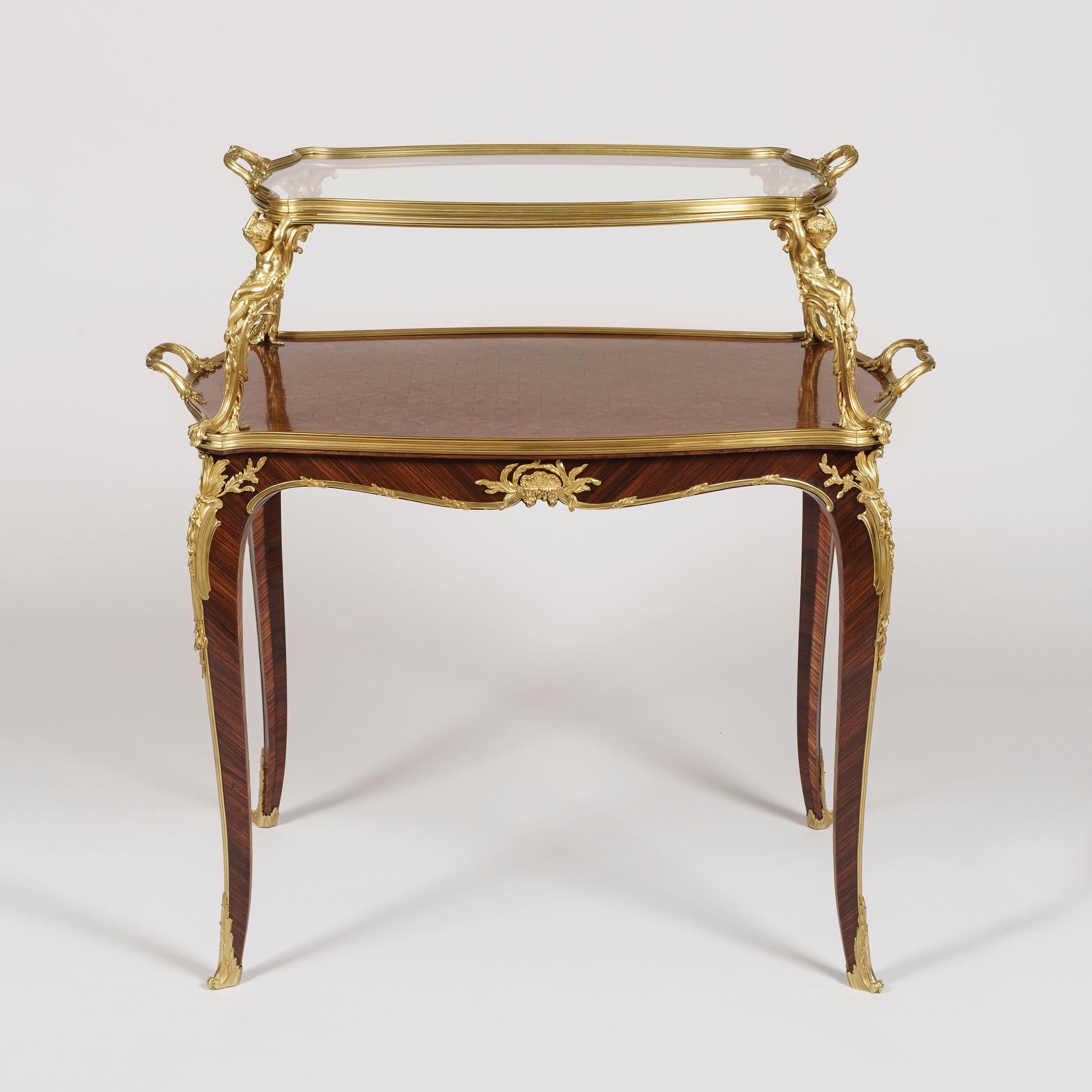 A very fine French Louis xv style ormolu-mounted mahogany, kingwood and satiné Cube Parquetry Two-Tier Table à Thé
by François Linke. Index no. 610

The serpentine dual-handled upper-tier with removable glazed tray supported by four gilt bronze
