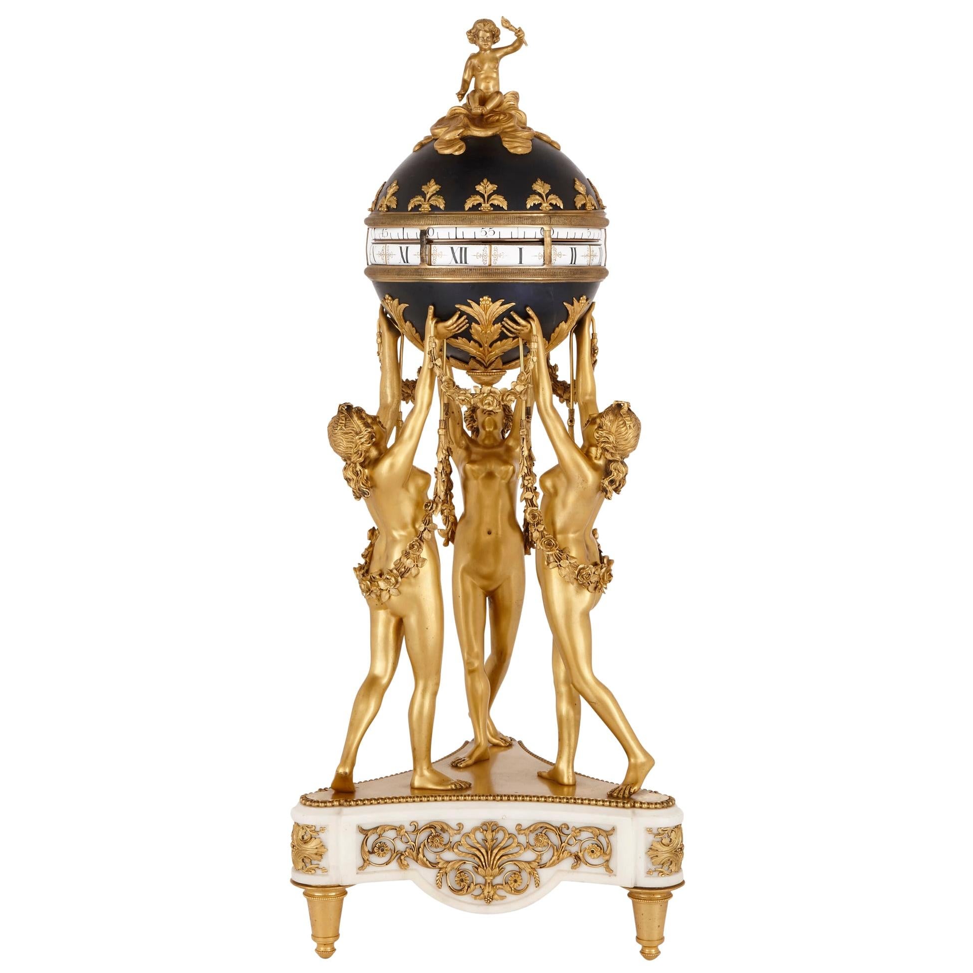 Ormolu, White Marble and Tole Cercle Tournant Mantel Clock by Lepaute For Sale