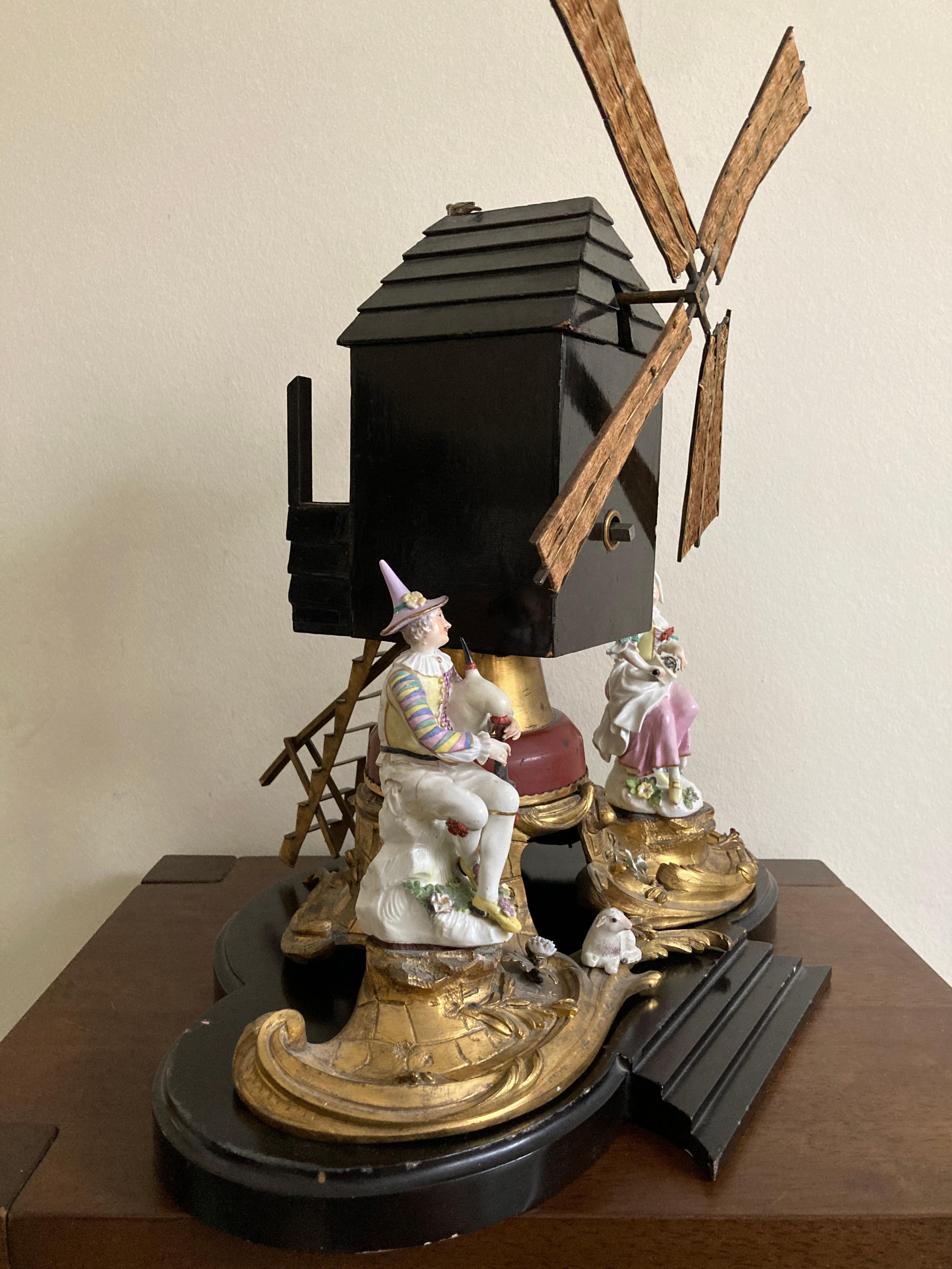 Louis XV Ormolu Windmill with Meissen Harlequin and Columbine For Sale