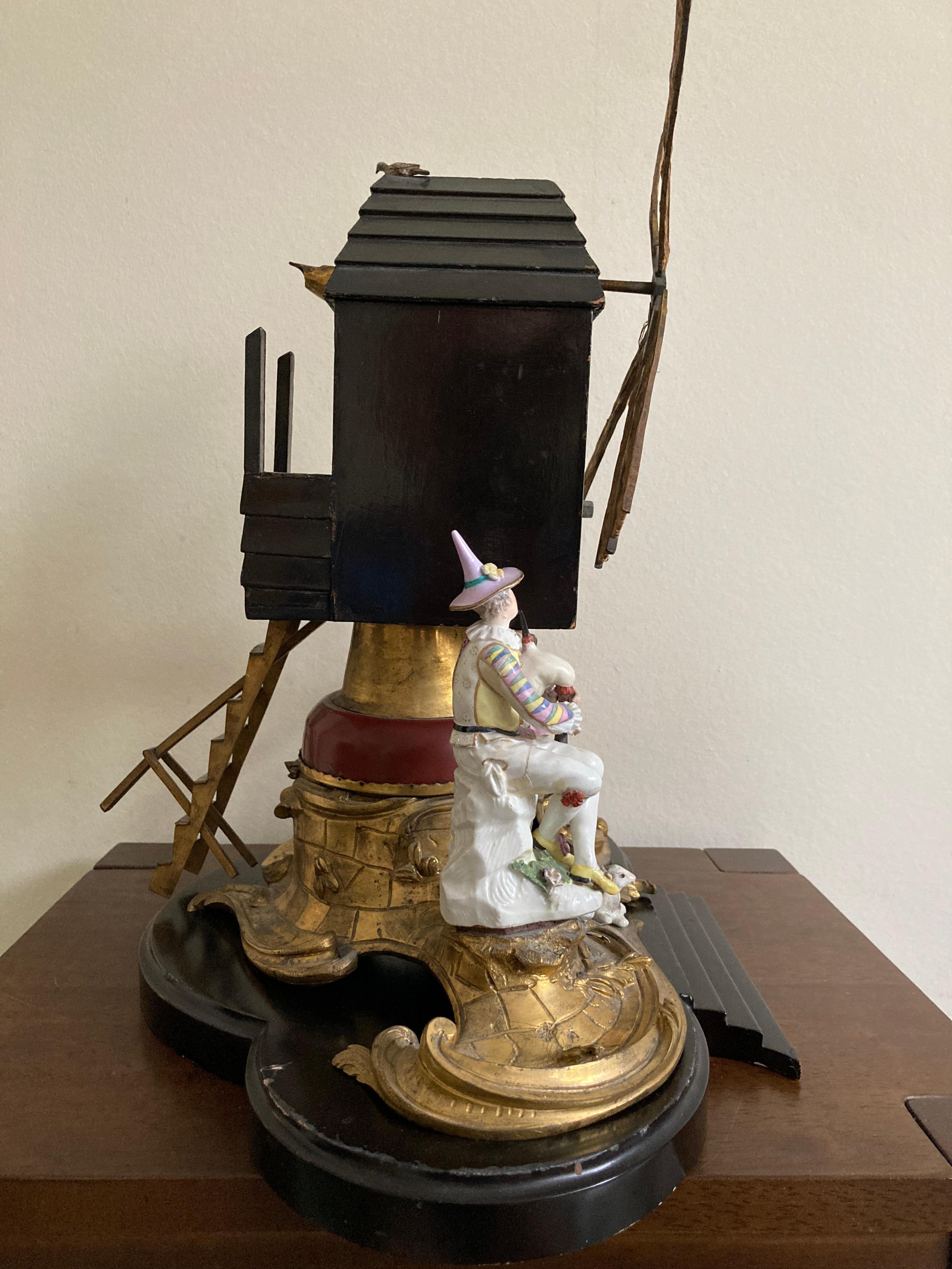 German Ormolu Windmill with Meissen Harlequin and Columbine For Sale