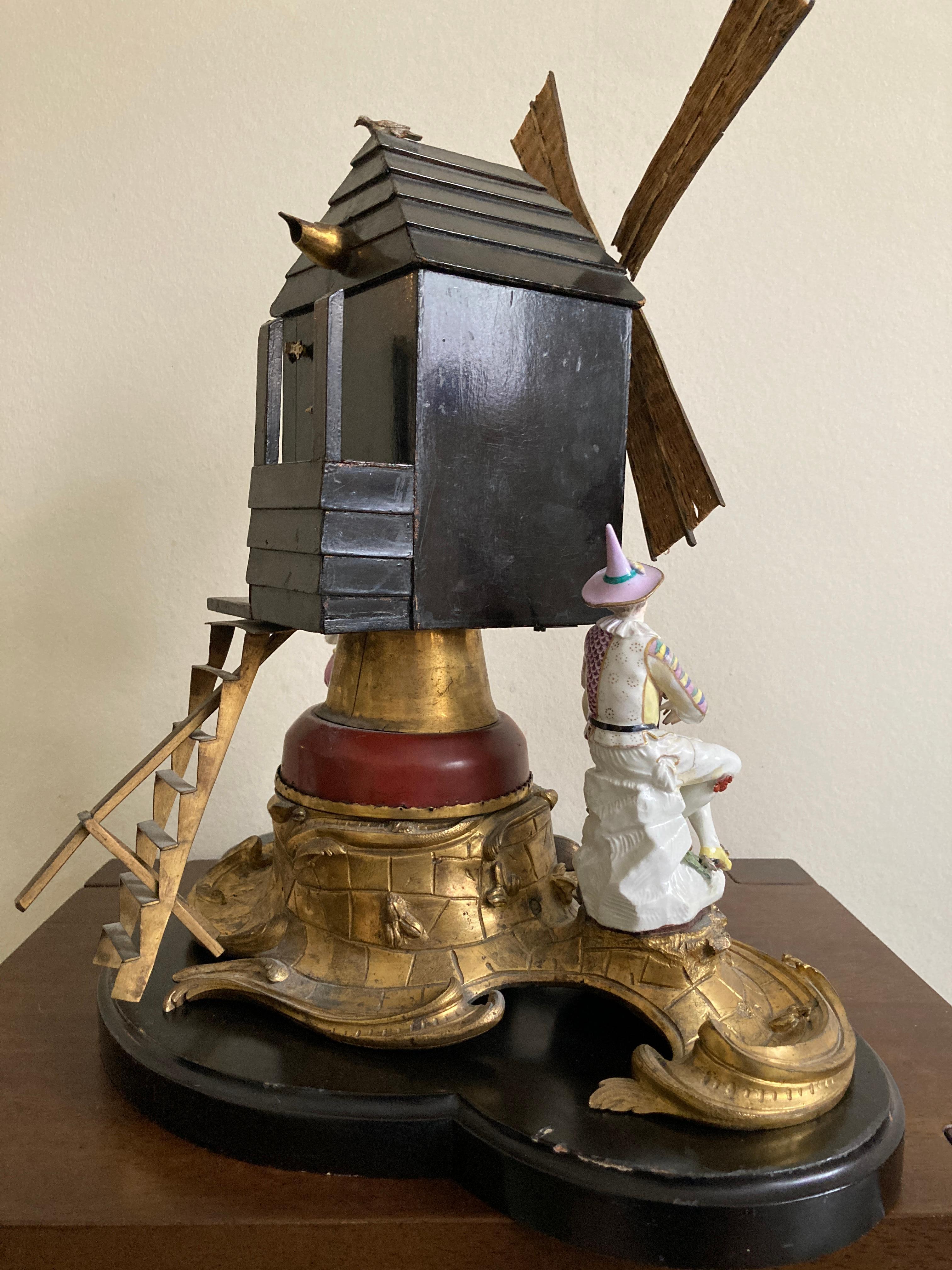 Hand-Crafted Ormolu Windmill with Meissen Harlequin and Columbine For Sale