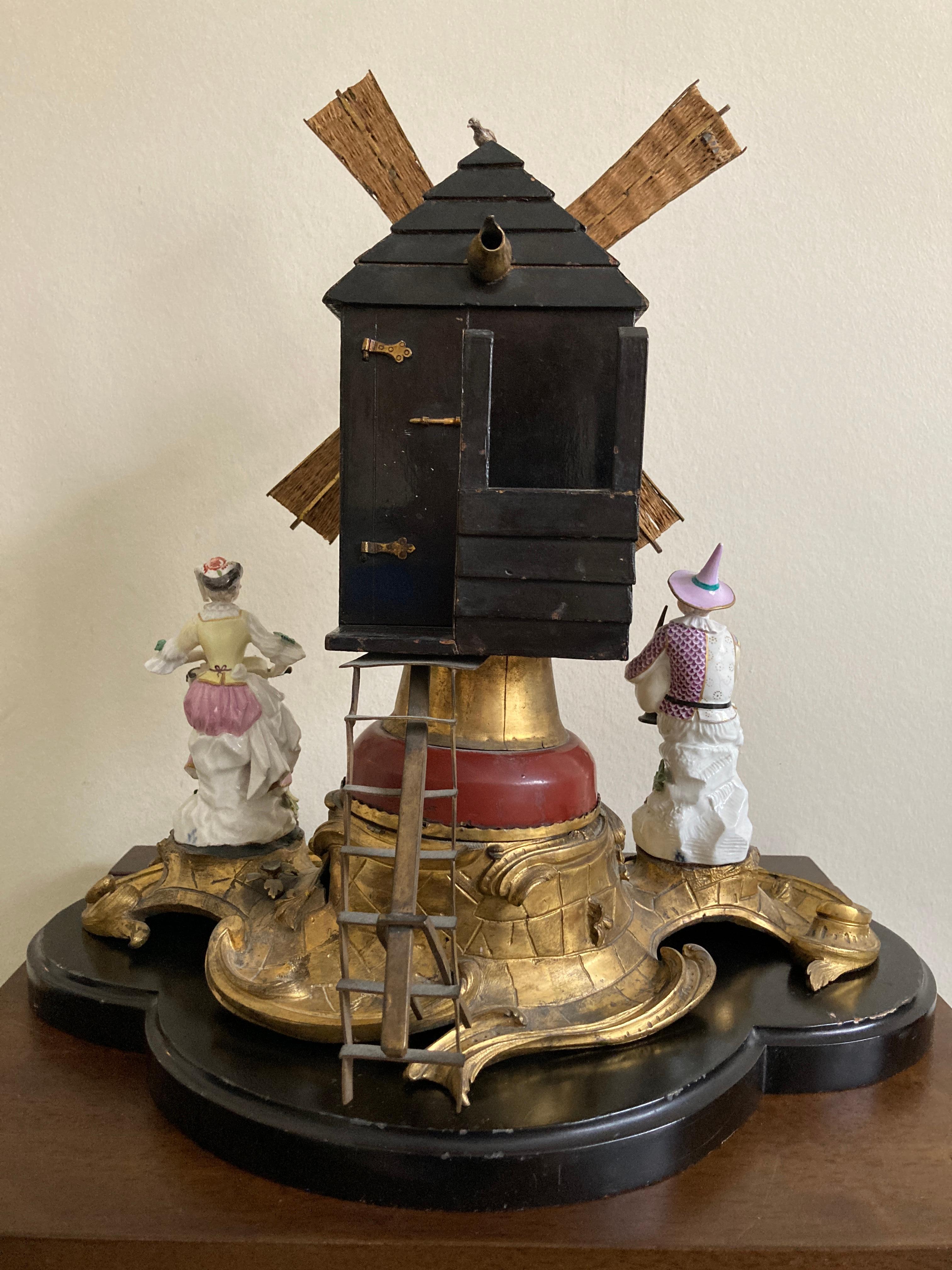 Ormolu Windmill with Meissen Harlequin and Columbine In Fair Condition For Sale In Maidstone, GB