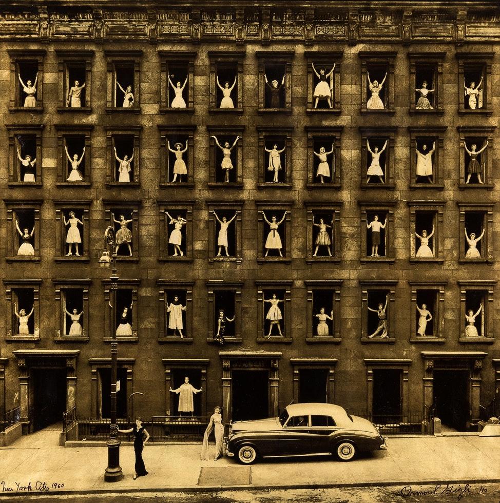 Ormond Gigli Portrait Photograph - Girls in the Windows, Platinum on Vellum with Gold Leaf Fashion Photo, Ed of 10