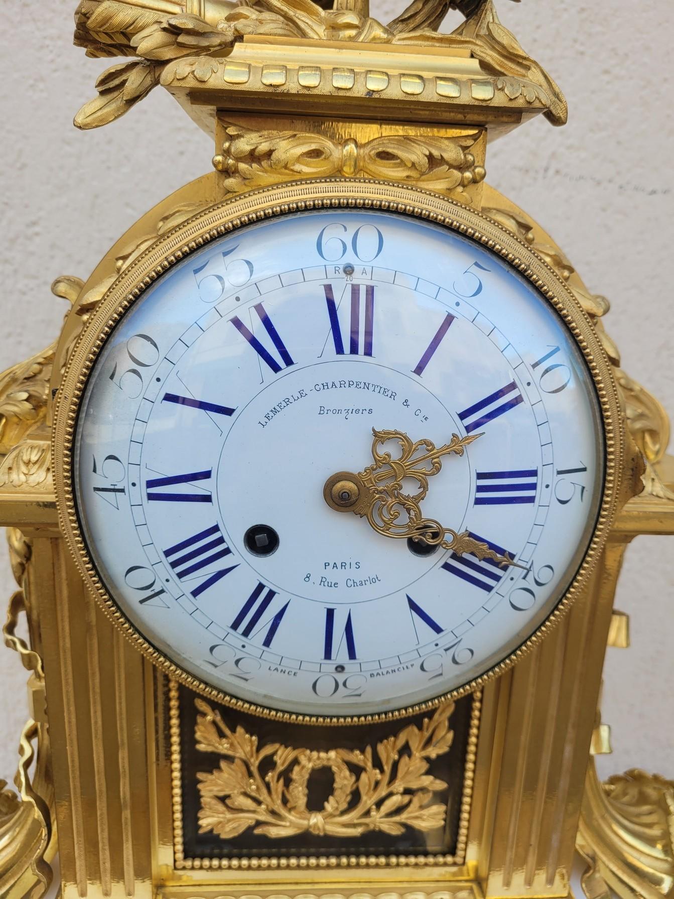Bronze Ormulu Clock with white Marble, Charpentier, Louis XVI style, 19th Century For Sale