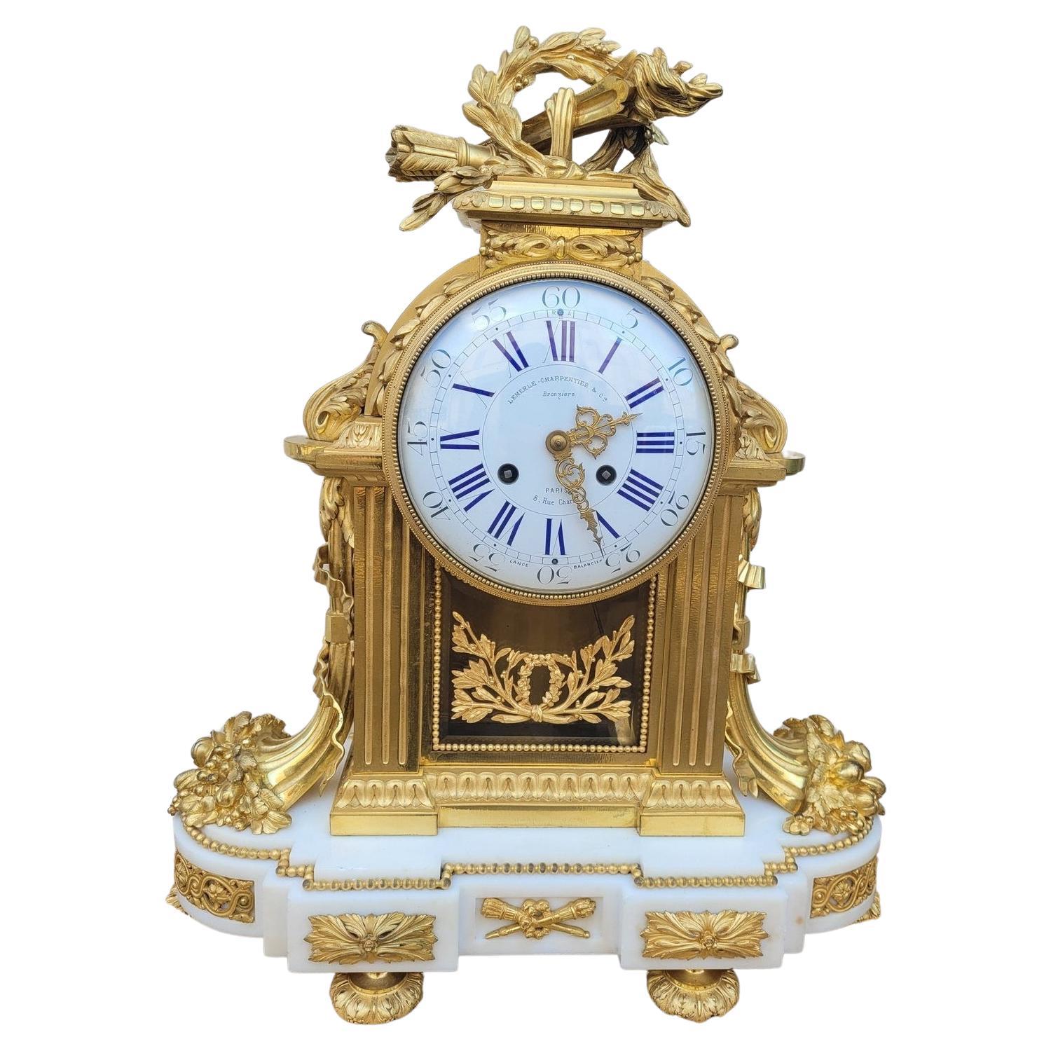 Ormulu Clock with white Marble, Charpentier, Louis XVI style, 19th Century For Sale