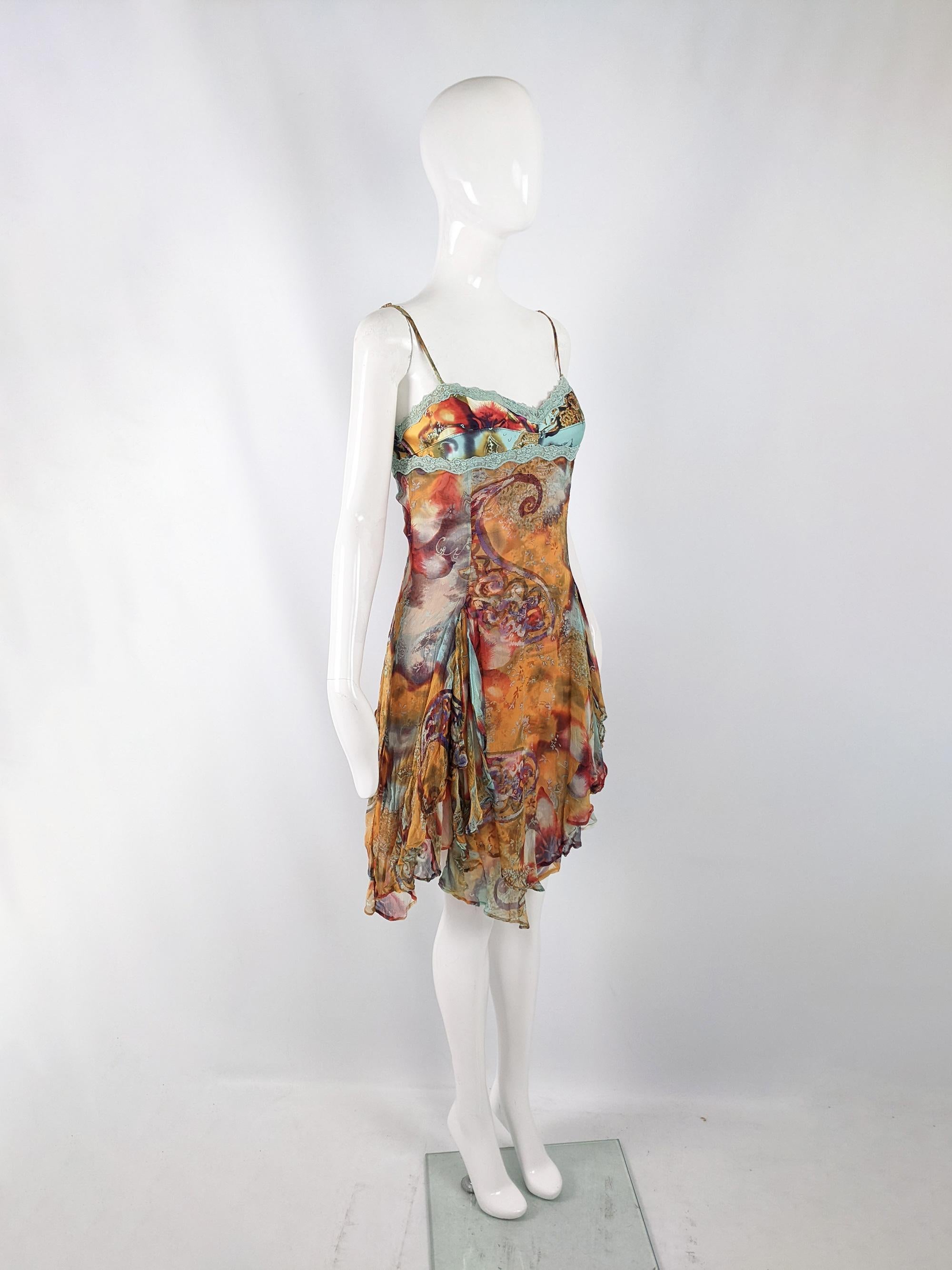 Orna Farho Paris Vintage Orange Silk Chiffon & Blue Lace y2k Dress, 2000s For Sale 2