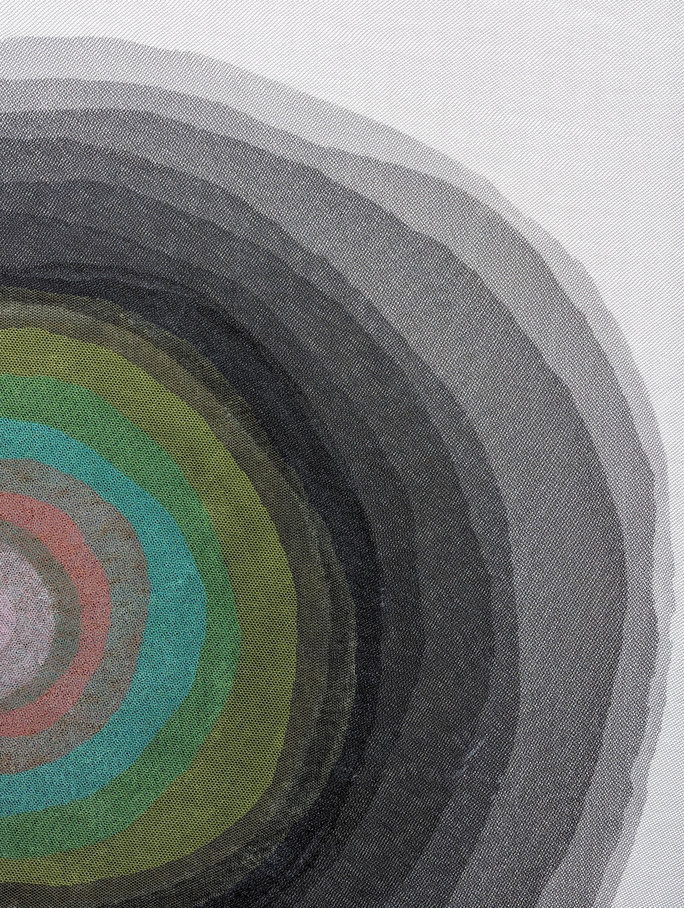 Colorful mixed media abstract painting by contemporary Houston-based artist Orna Feinstein. The work features multiple layers of colorful netting set against a grey toned background. Signed, titled, and dated on the reverse. Currently unframed, but