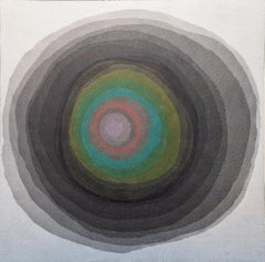 "Tree Spirit #71" Contemporary Grey, Green, & Red Concentric Circle Abstract
