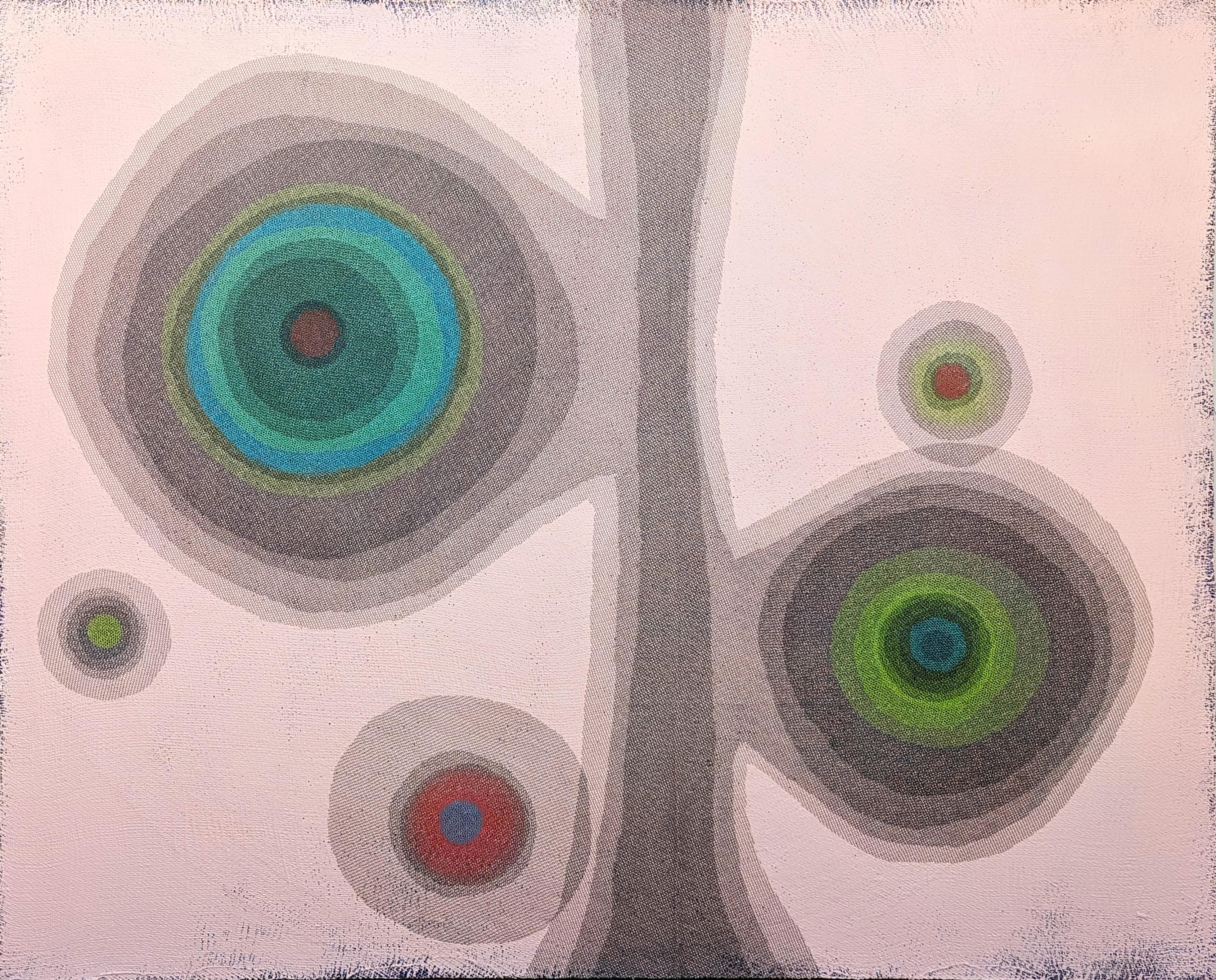 "Tree Spirit #73" Contemporary Pink, Green, & Red Concentric Circle Abstract – Mixed Media Art von Orna Feinstein
