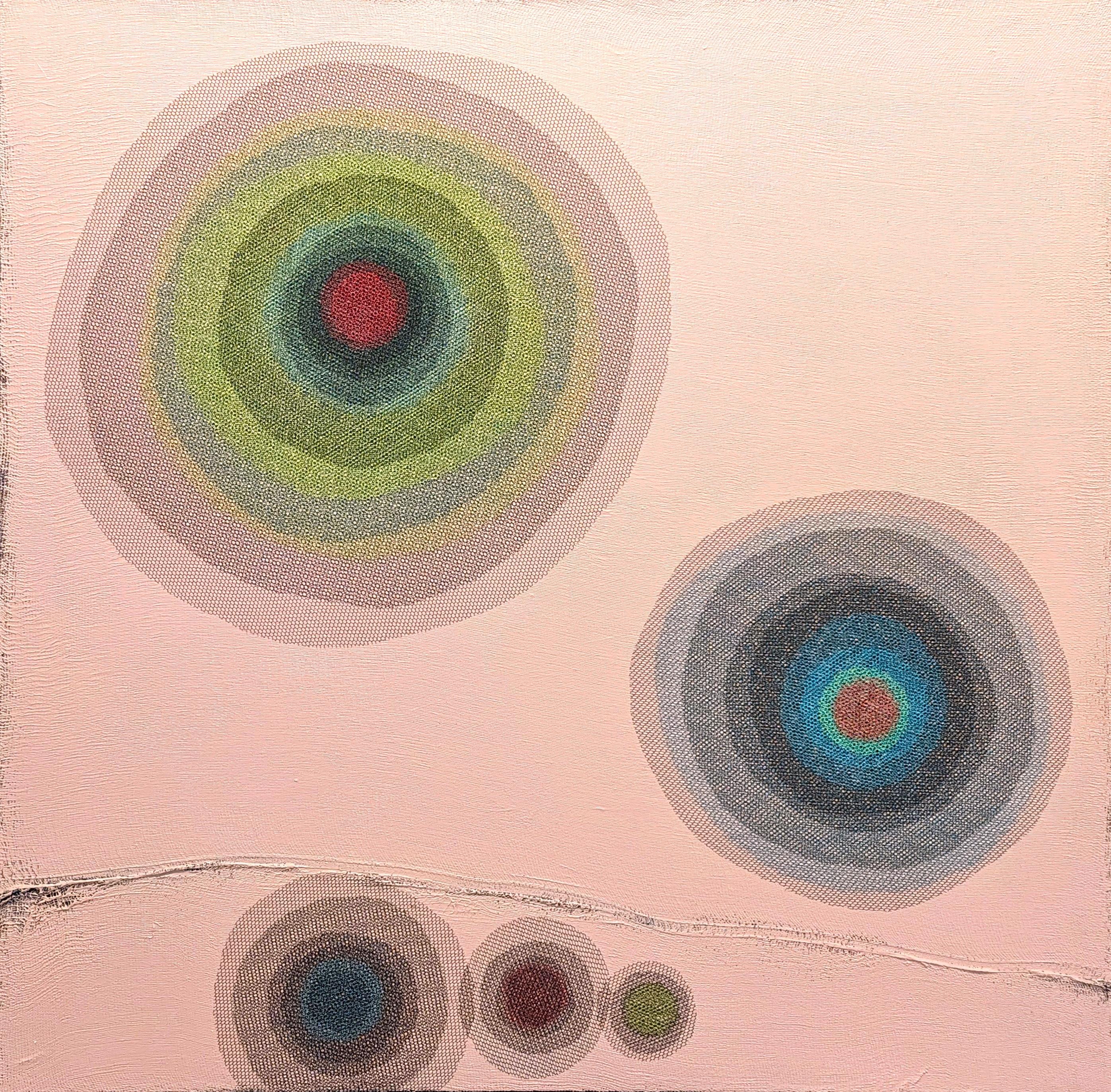 Orna Feinstein Abstract Painting - "Tree Spirit #82" Contemporary Pink & Green Toned Concentric Circle Abstract
