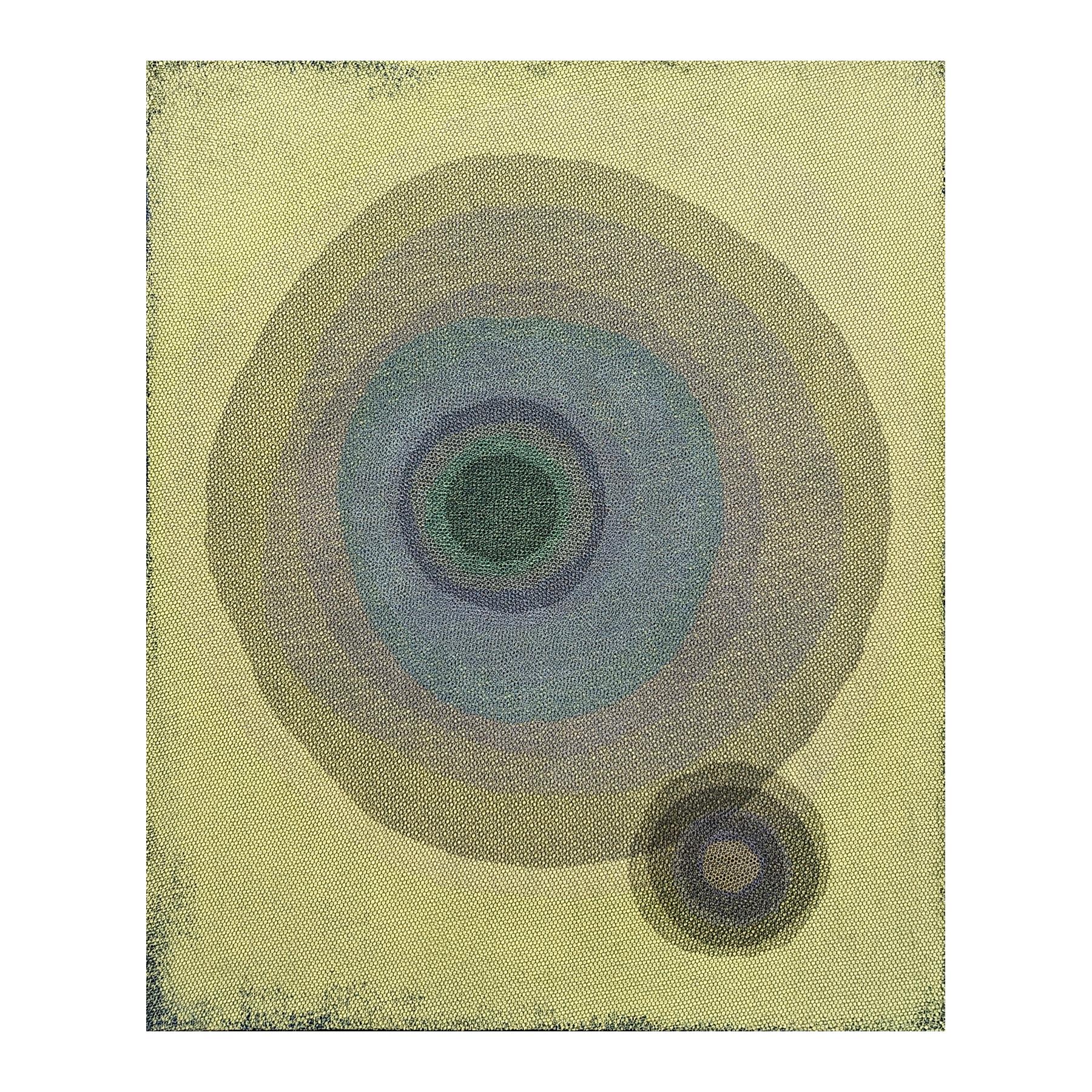 Colorful mixed media abstract painting by contemporary Houston-based artist Orna Feinstein. The work features multiple layers of colorful netting set against a green toned background. Signed, titled, and dated on the reverse. Currently unframed, but