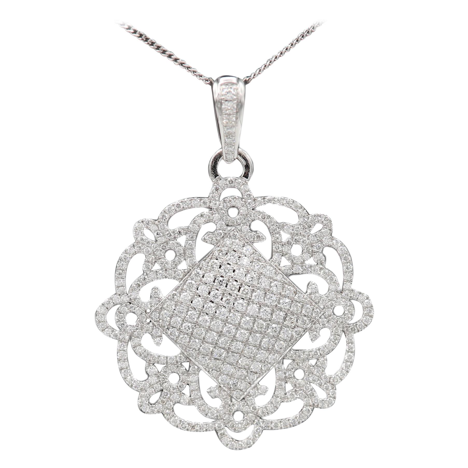 Ornament Style Diamond Pendant 18 Karat White Gold For Sale