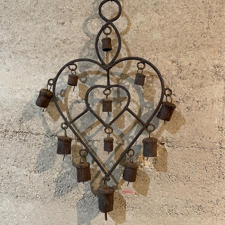 Antique Rustic Metal Heart Windchime with Bells Hanging Wall Art Mexico
