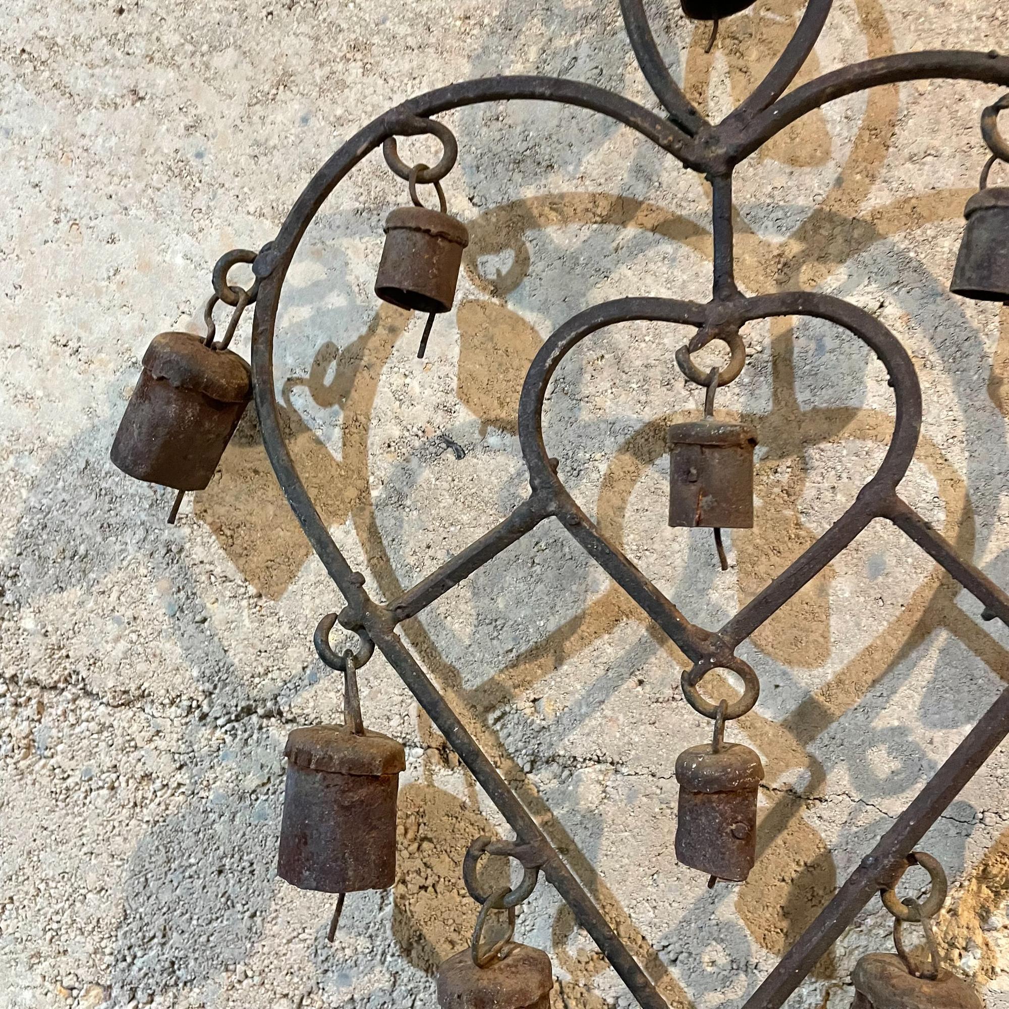 Mid-Century Modern  Antique Rustic Metal Heart Windchime with Bells Hanging Wall Art Mexico 1970s