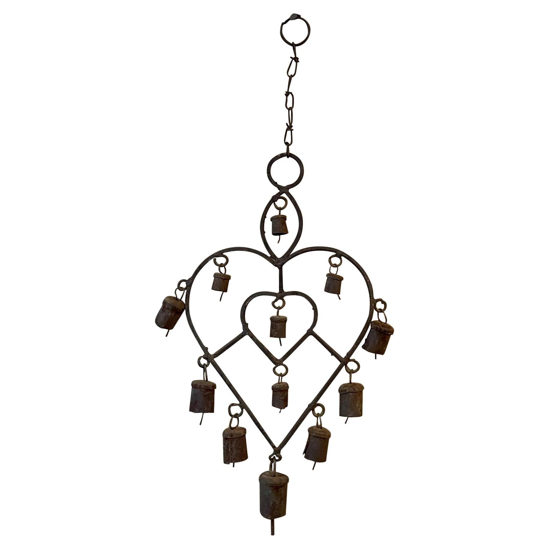  Antique Rustic Metal Heart Windchime with Bells Hanging Wall Art Mexico 1970s