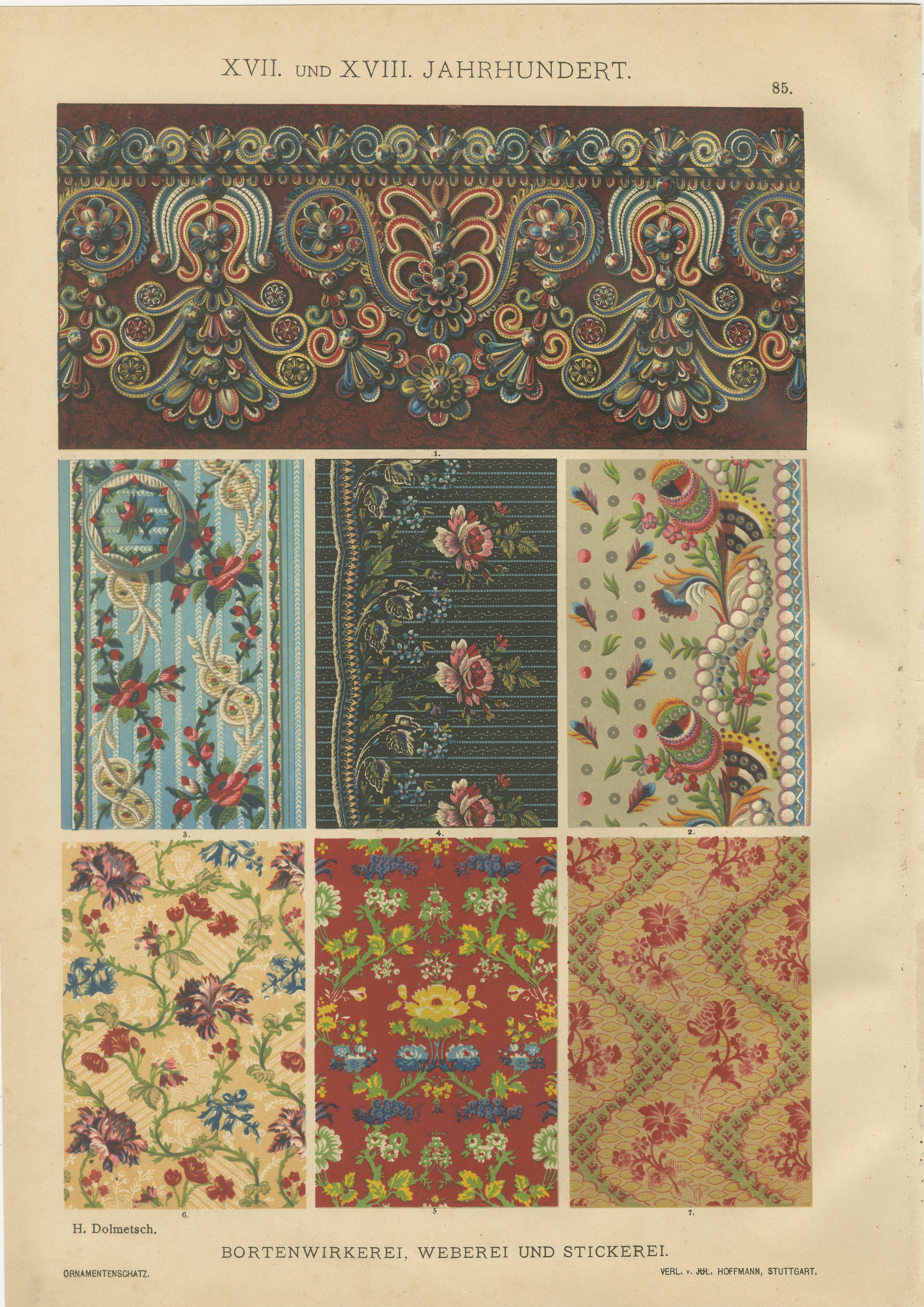 Campione di stampa di tessitura e ricamo barocco ornamentale di H. H. Dolmetsch, 1890

Questa stampa antica riccamente decorativa proviene dalla celebre serie *Ornamentenschatz*, compilata e illustrata dall'influente designer e storico dell'arte