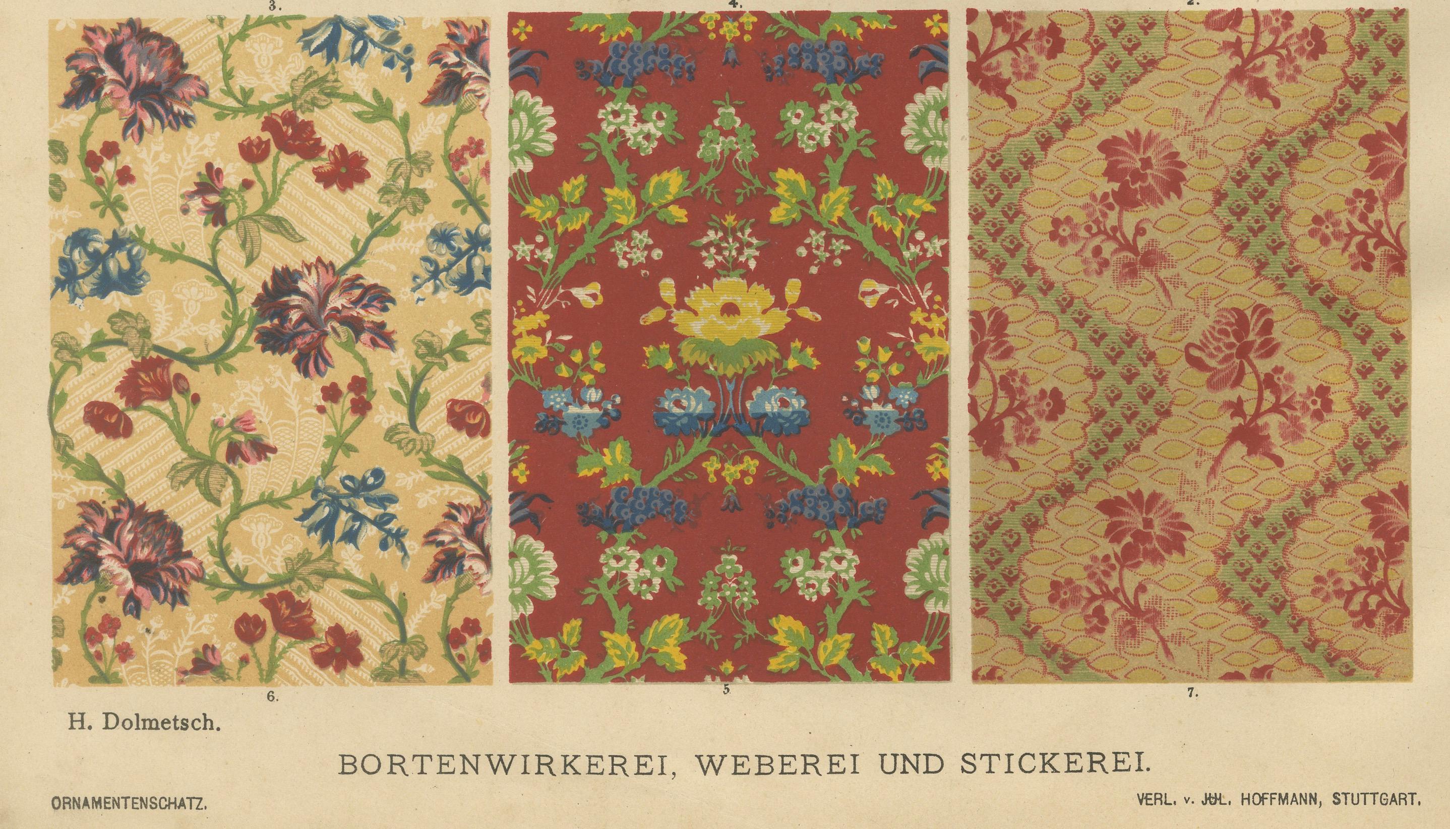 Tessitura e ricamo barocco ornamentale Stampa campione di H. H. Dolmetsch, 1887 In condizioni buone in vendita a Langweer, NL
