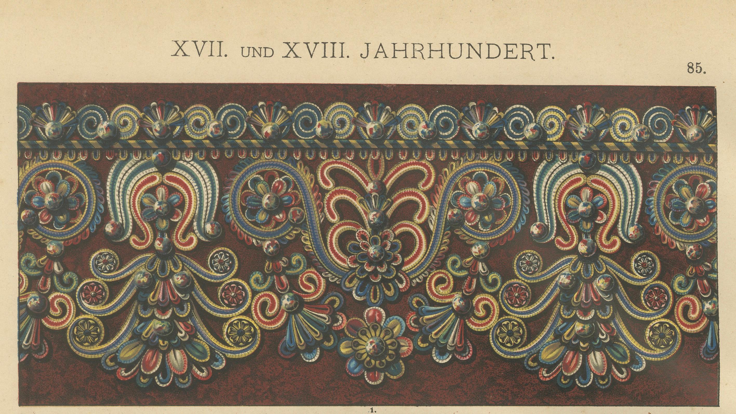 Fine XIX secolo Tessitura e ricamo barocco ornamentale Stampa campione di H. H. Dolmetsch, 1887 in vendita