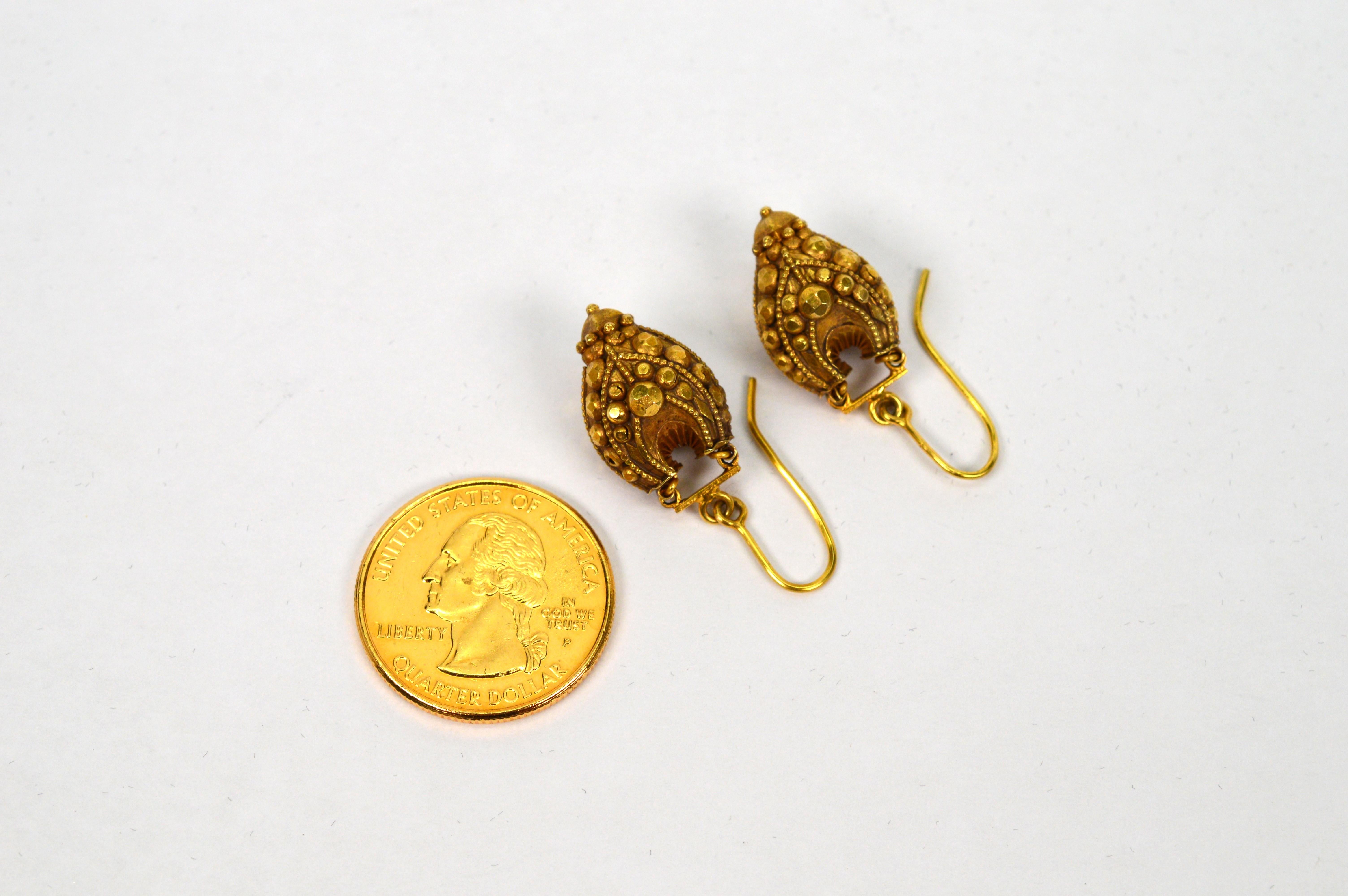 Women's Ornamental Bollywood  Drop Earrings in 14 Karat Yellow Gold For Sale