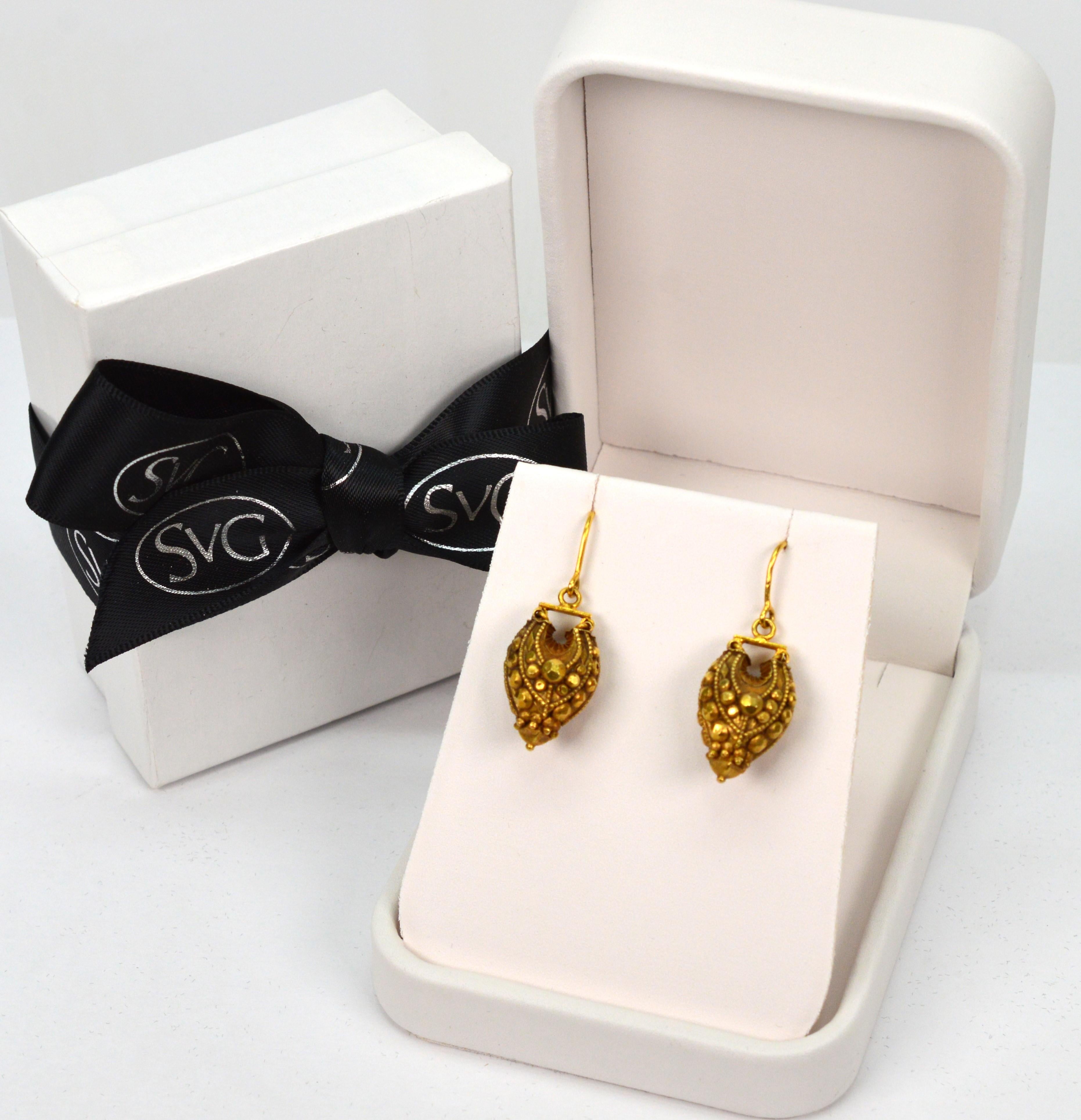 Ornamental Bollywood  Drop Earrings in 14 Karat Yellow Gold For Sale 2
