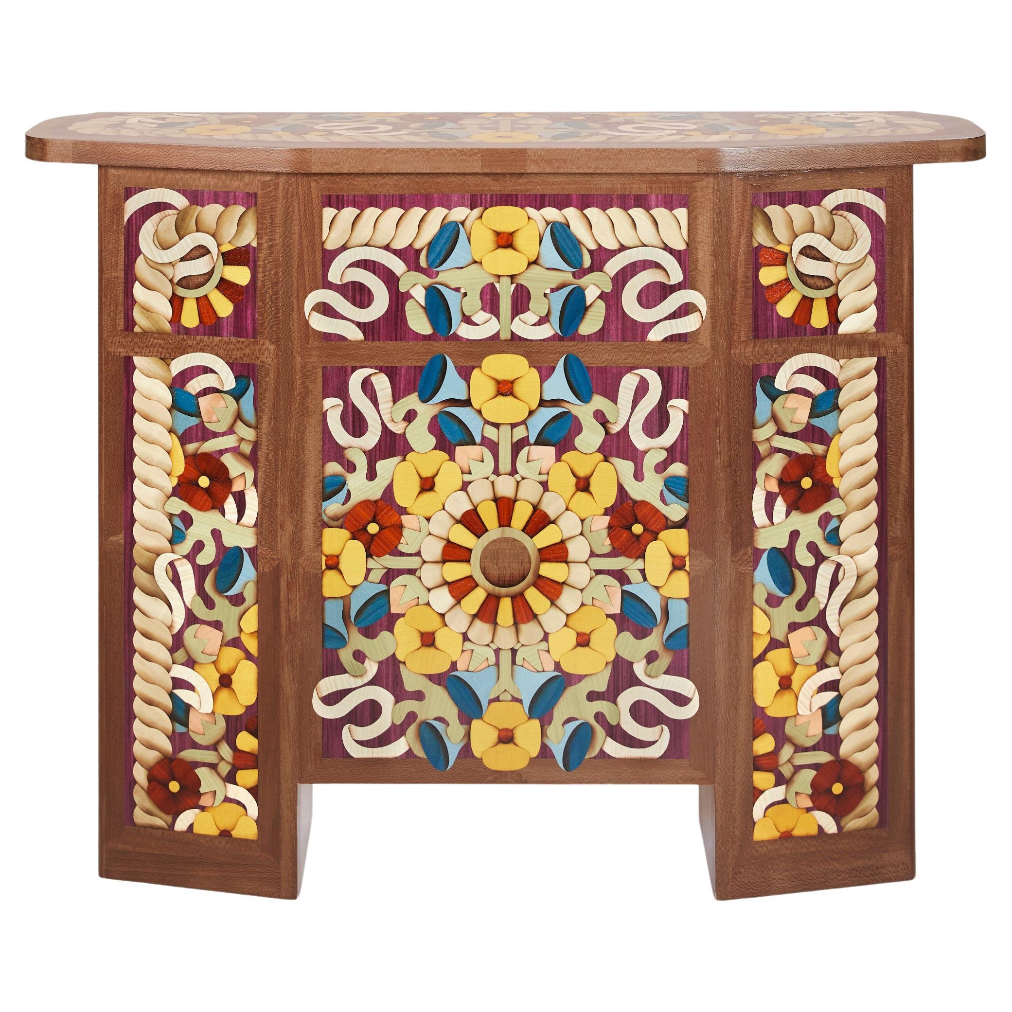 Ornamental Contemporary French Console in Wood Marquetry For Sale