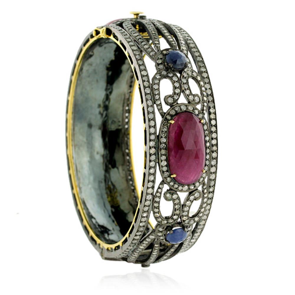 Modern Ornamental Design Bangle with Ruby Sapphire & Pave Diamonds in 18k Gold & Silver For Sale