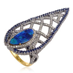 Ornamental Design Long Ring With Sapphire, Opal & Pave Diamonds