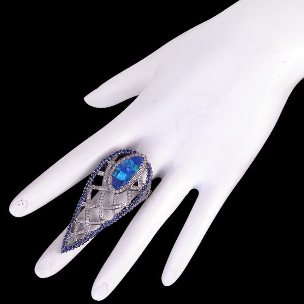 Mixed Cut Ornamental Design Long Ring With Sapphire, Opal & Pave Diamonds For Sale