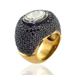 Signet Style Ring with Rose Cut Center Diamond Surrounded by Black Pave Diamonds