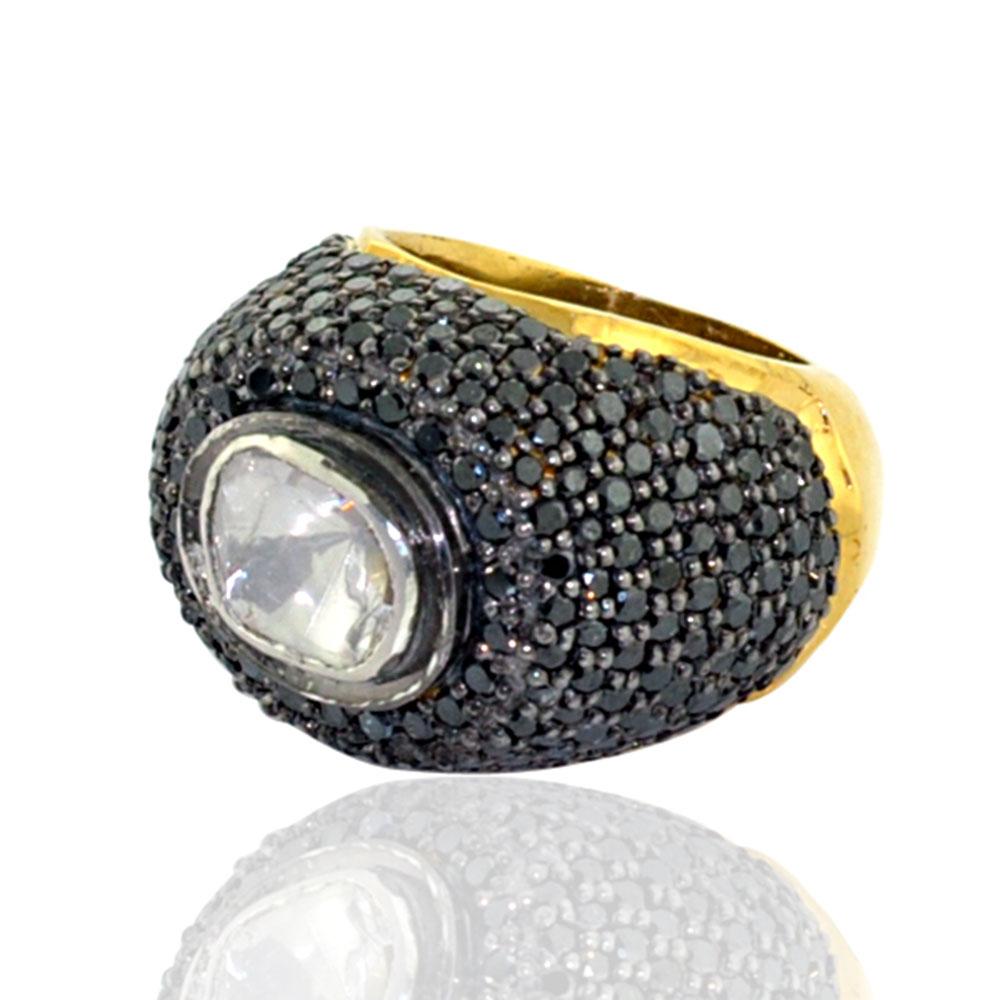 Signet Style Ring with Rose Cut Center Diamond Surrounded by Black Pave Diamonds In New Condition For Sale In New York, NY