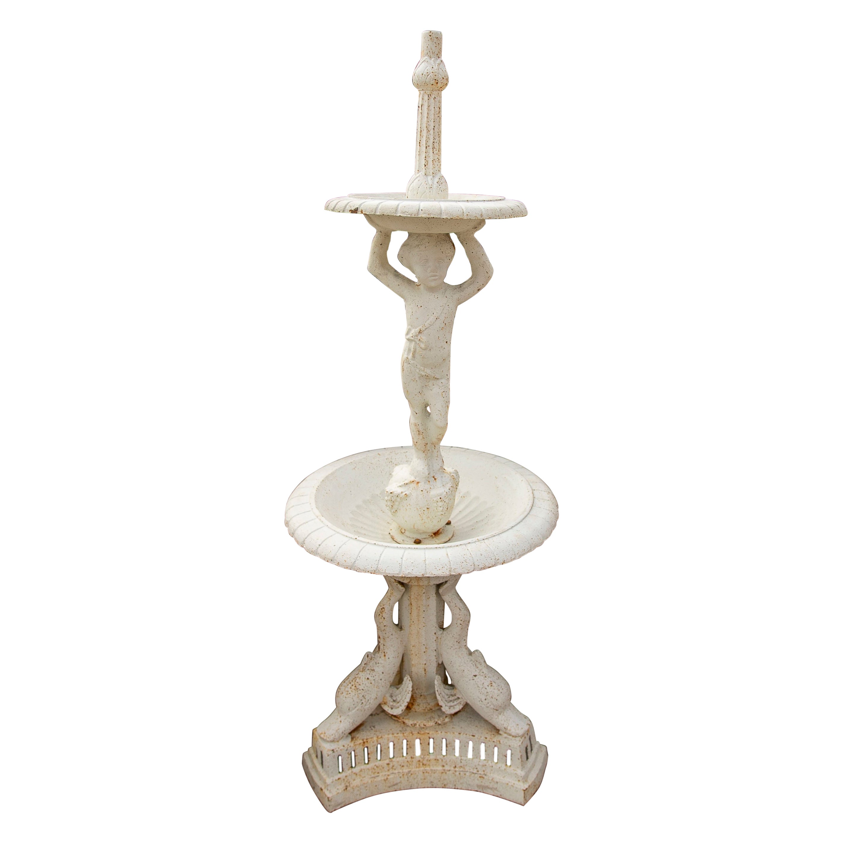 Ornamental Iron Garden Fountain with Children
s Figure and Dolphins For Sale