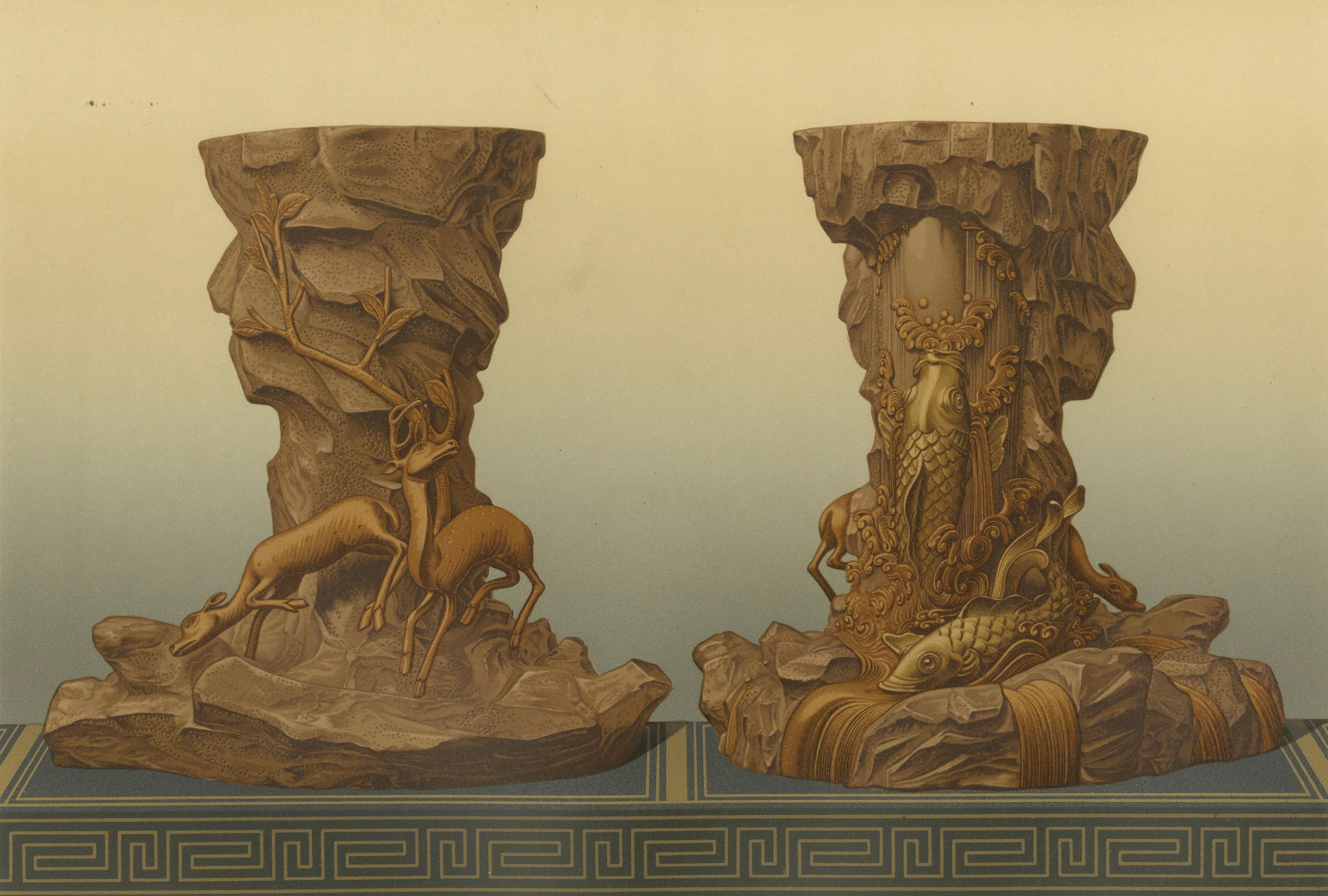 Titre : Ornamental Pedestal Designs with Nature Motifs - Plate V from Section VI of G. A. Audsley's Decorative Art Collection (Dessins de piédestaux ornementaux avec des motifs de la Nature)

Description : La planche V de la section VI de la célèbre