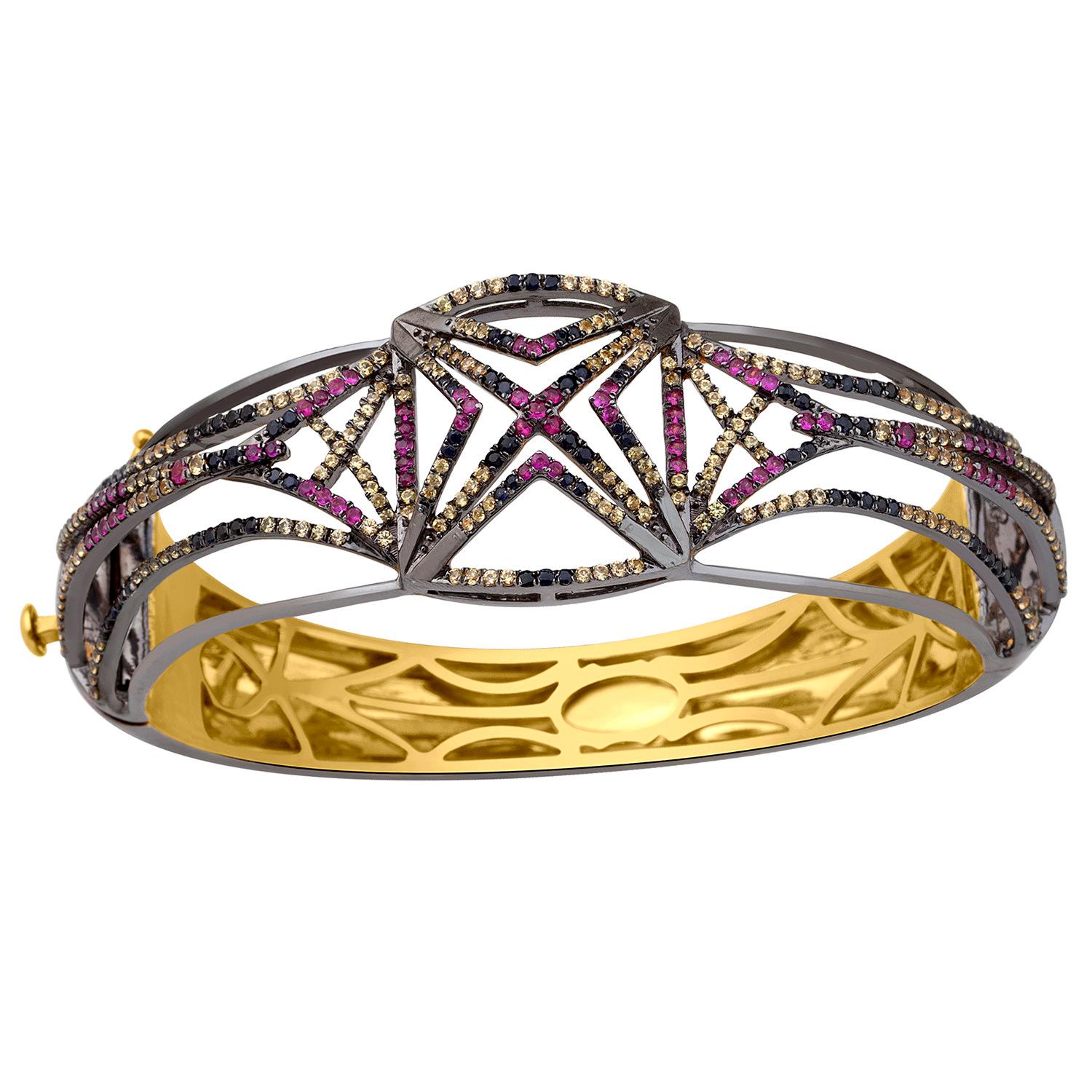 Art Deco Ornamental Style Bracelet with Pave Ruby & Sapphire Stones For Sale