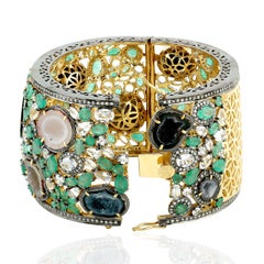 Ornamental Style Cuff Bracelet With Emerald , Sapphire Geode & Pave Diamonds Set