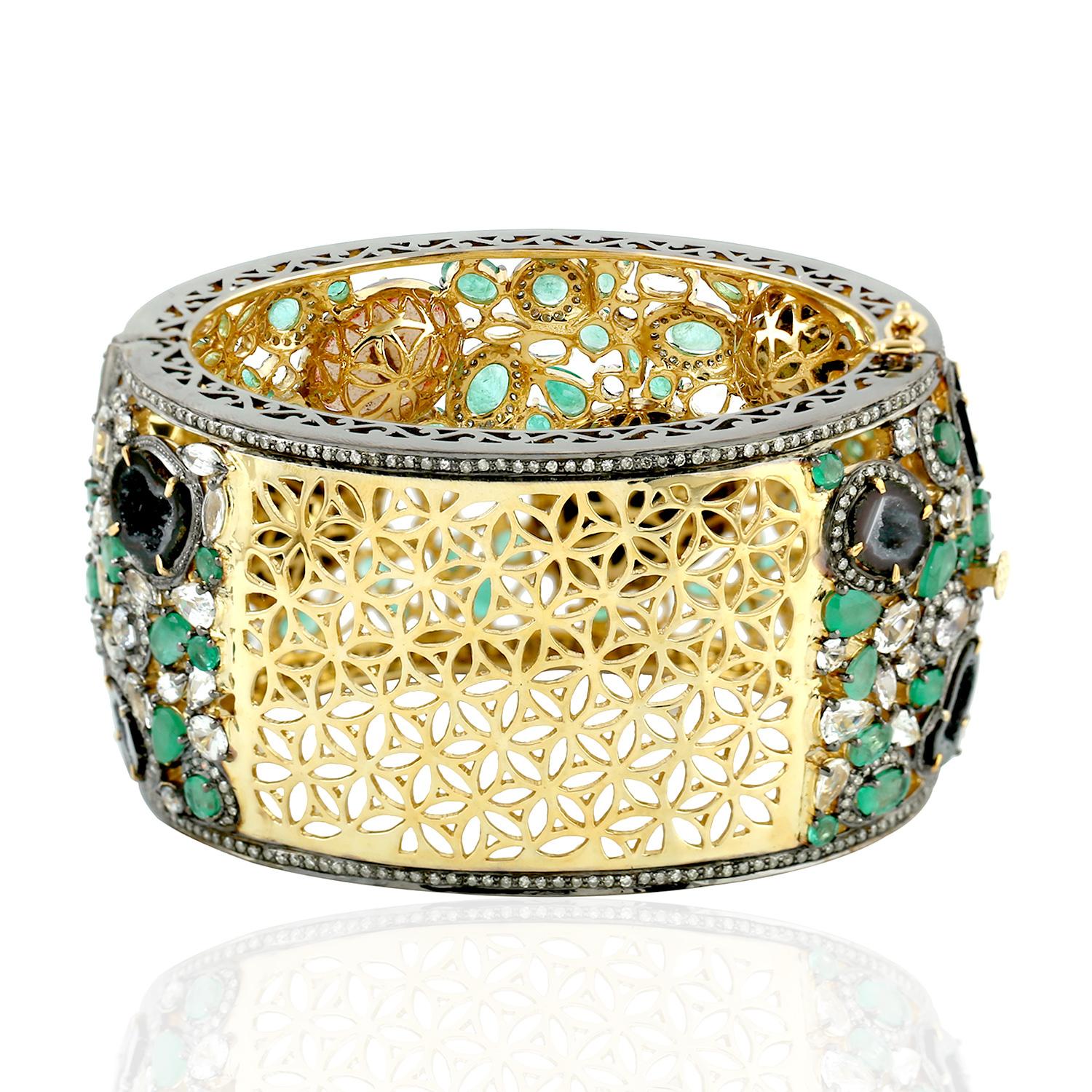 Art Nouveau Ornamental Style Cuff Bracelet With Emerald , Sapphire Geode & Pave Diamonds Set For Sale
