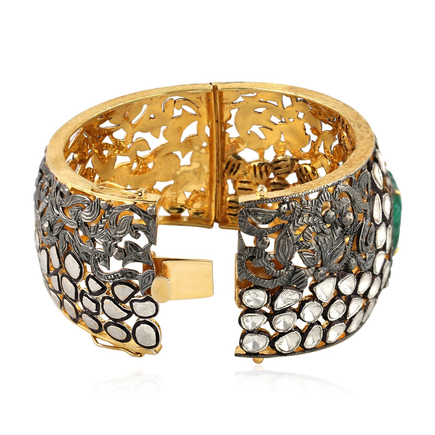 Modern Ornamental Style Cuff With Carved Emerald Center With Rose Cut & Pave Diamonds  For Sale