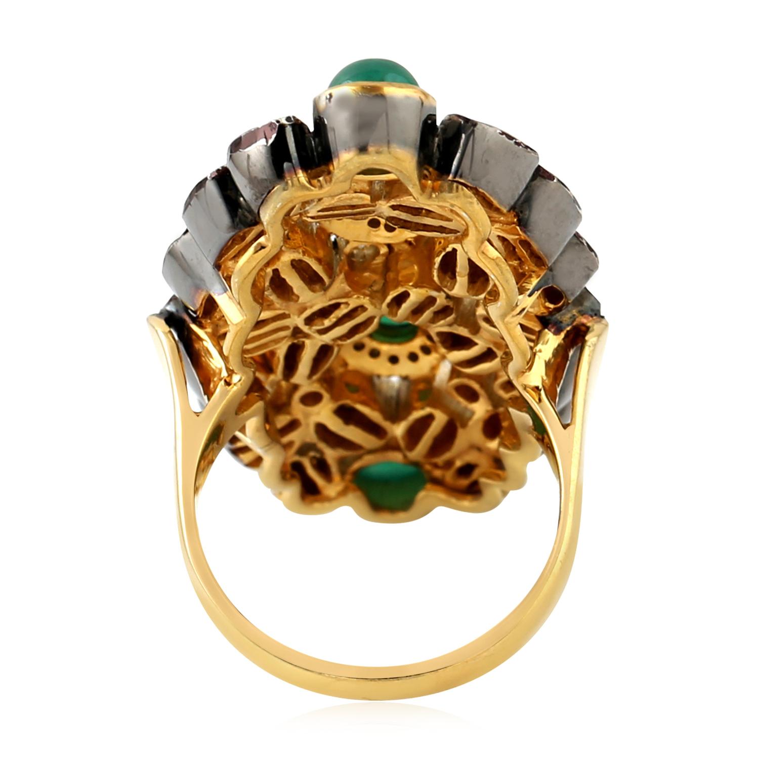 Victorian Ornamental Style Cocktail Ring with Emerald & Diamonds Made in Gold & Silver