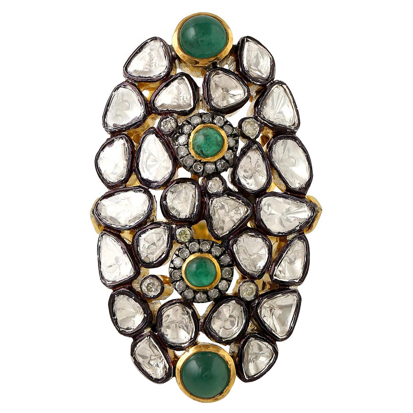 Ornamental Style Cocktail Ring with Emerald & Diamonds Made in Gold & Silver
