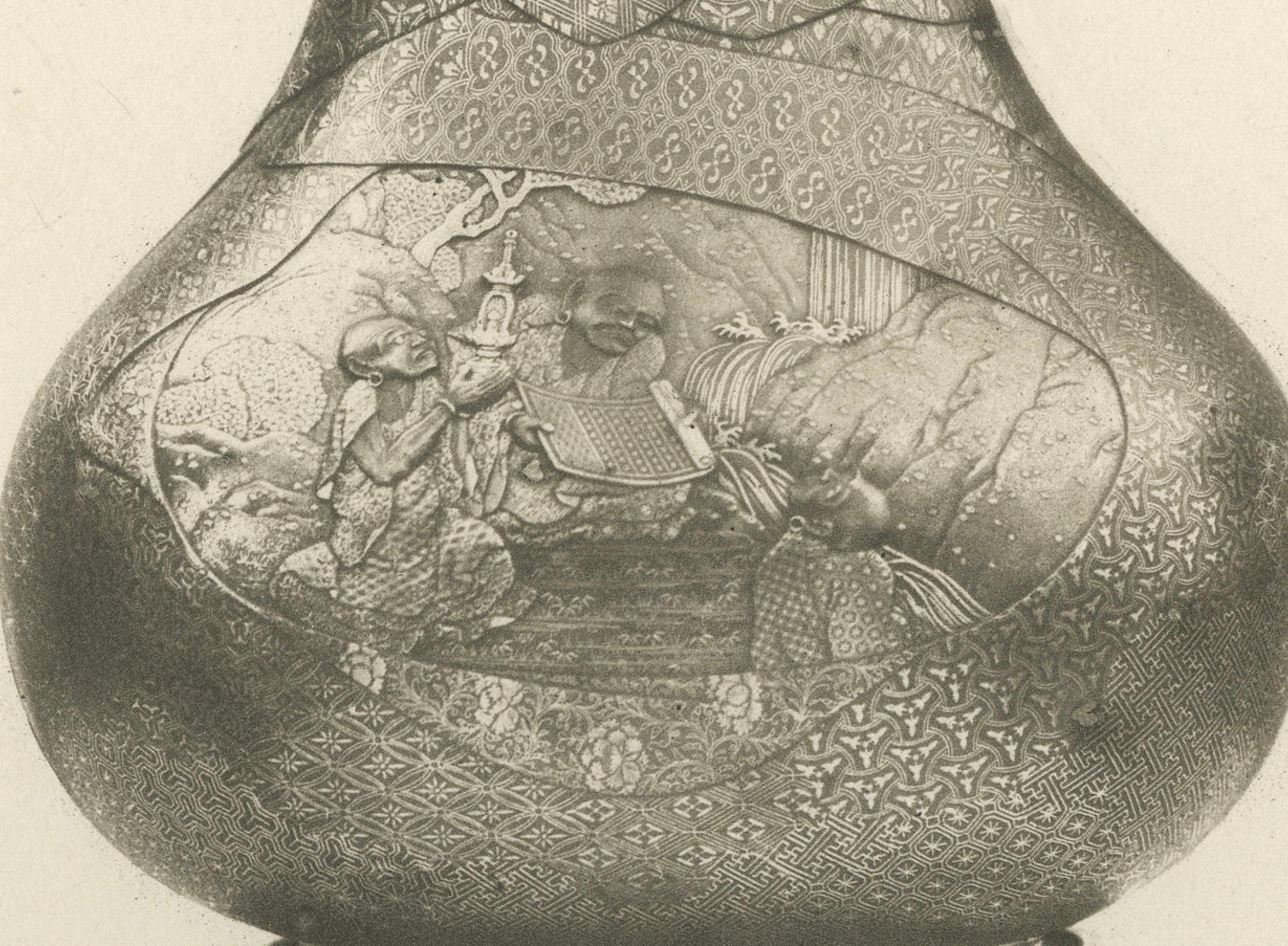 Titel: Ornamentale Vasen mit erzählenden Szenen - Tafel X aus Abschnitt VI von G. A. Audsleys Serie Dekorative Kunst

Beschreibung: Tafel X aus Abschnitt VI von G. A. Audsleys berühmter Sammlung dekorativer Kunst präsentiert ein Paar eleganter