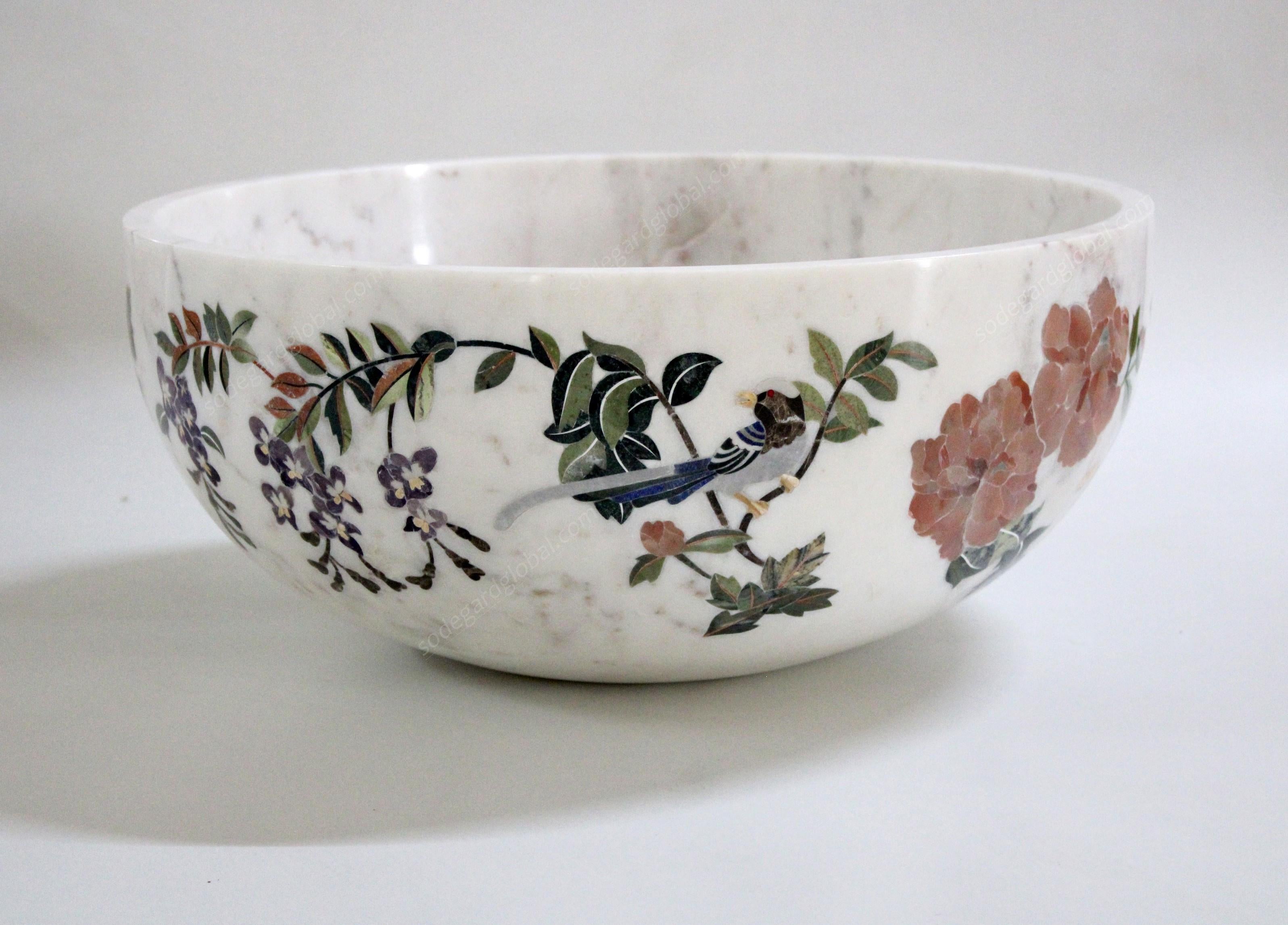 Handmade Ornamenti Bowl Inlay in White Marble by Stephanie Odegard For Sale 5