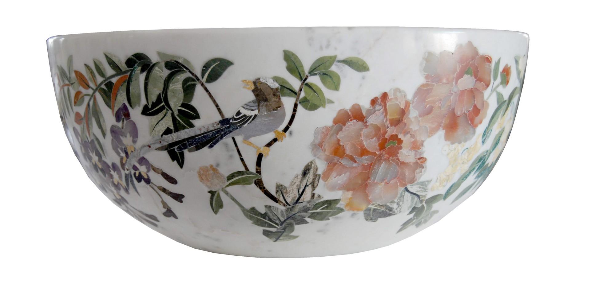 Other Handmade Ornamenti Bowl Inlay in White Marble by Stephanie Odegard For Sale