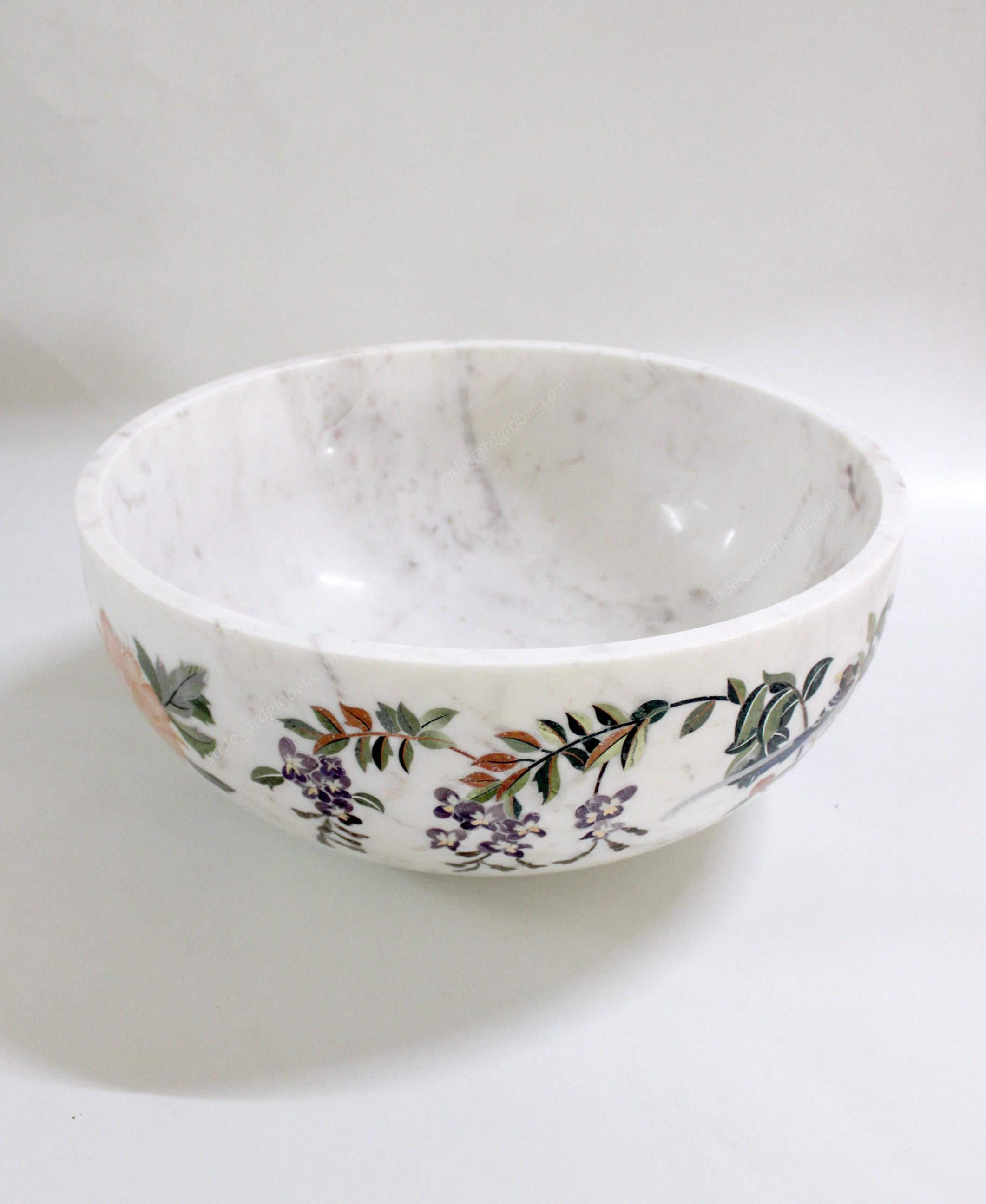 Handmade Ornamenti Bowl Inlay in White Marble by Stephanie Odegard For Sale 1