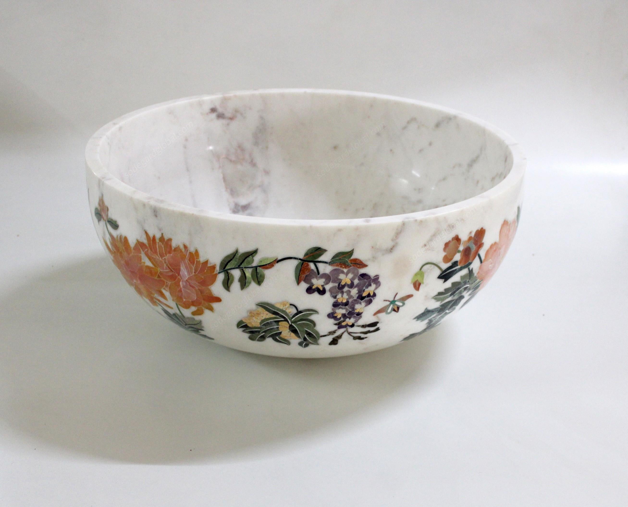 Handmade Ornamenti Bowl Inlay in White Marble by Stephanie Odegard For Sale 2