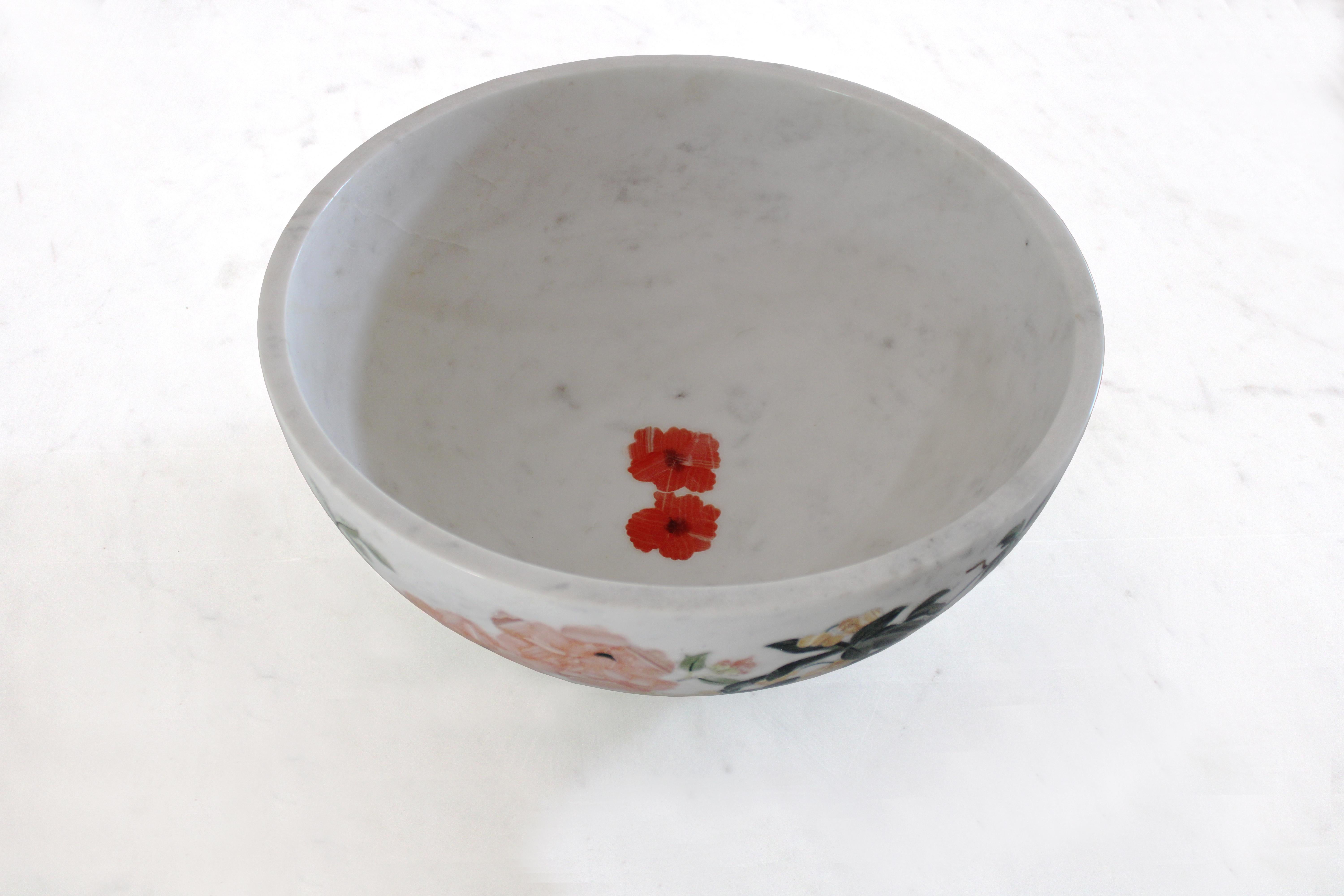 Handmade Ornamenti Bowl Inlay in White Marble by Stephanie Odegard is one of the best examples of reproduction of the Pietra Dura technique. This richly designed bowl is full of precious and semi precious stone inlays. This Bowl Inlayed with Semi