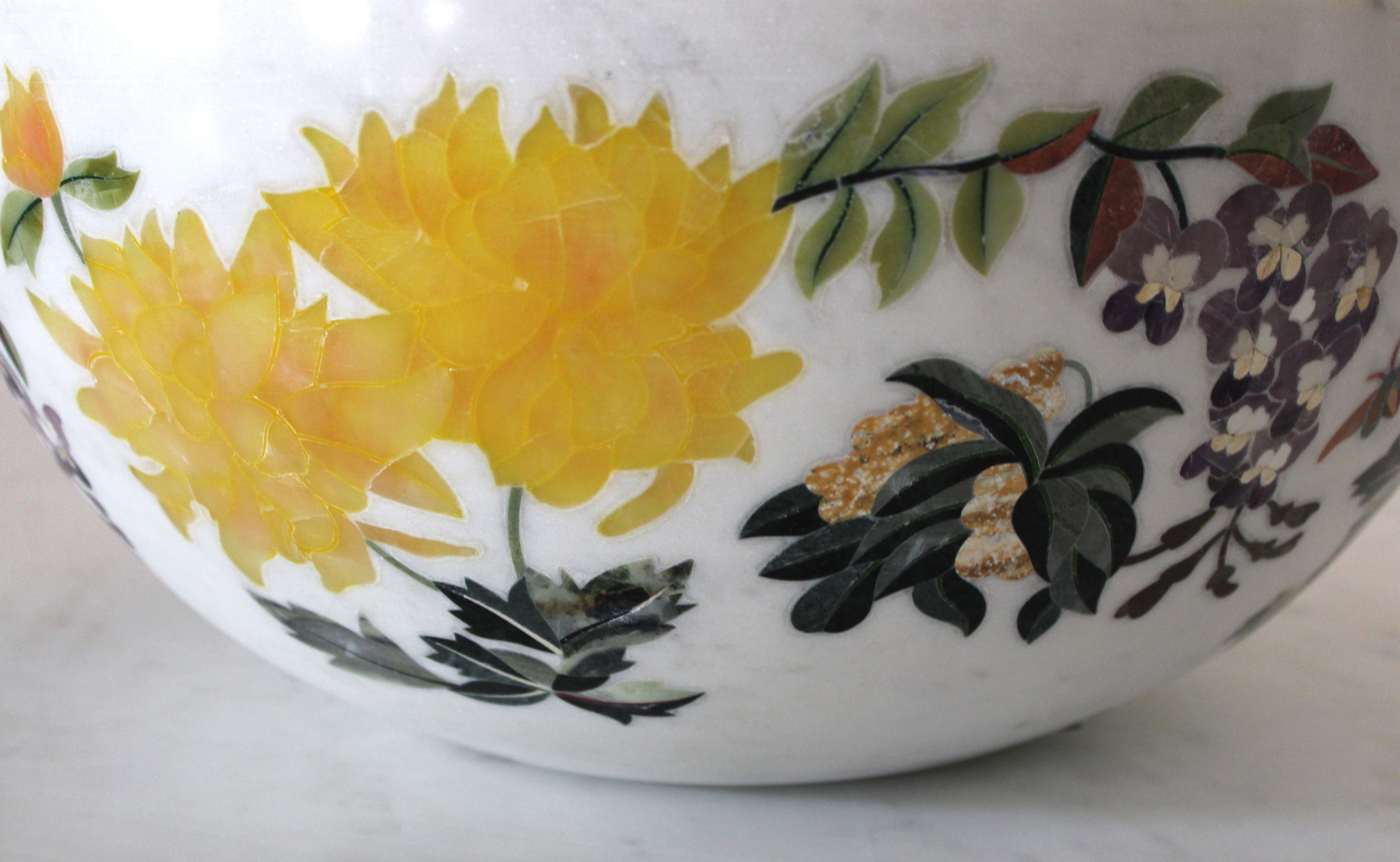 American Handmade Ornamenti Bowl Inlay in White Marble by Stephanie Odegard For Sale