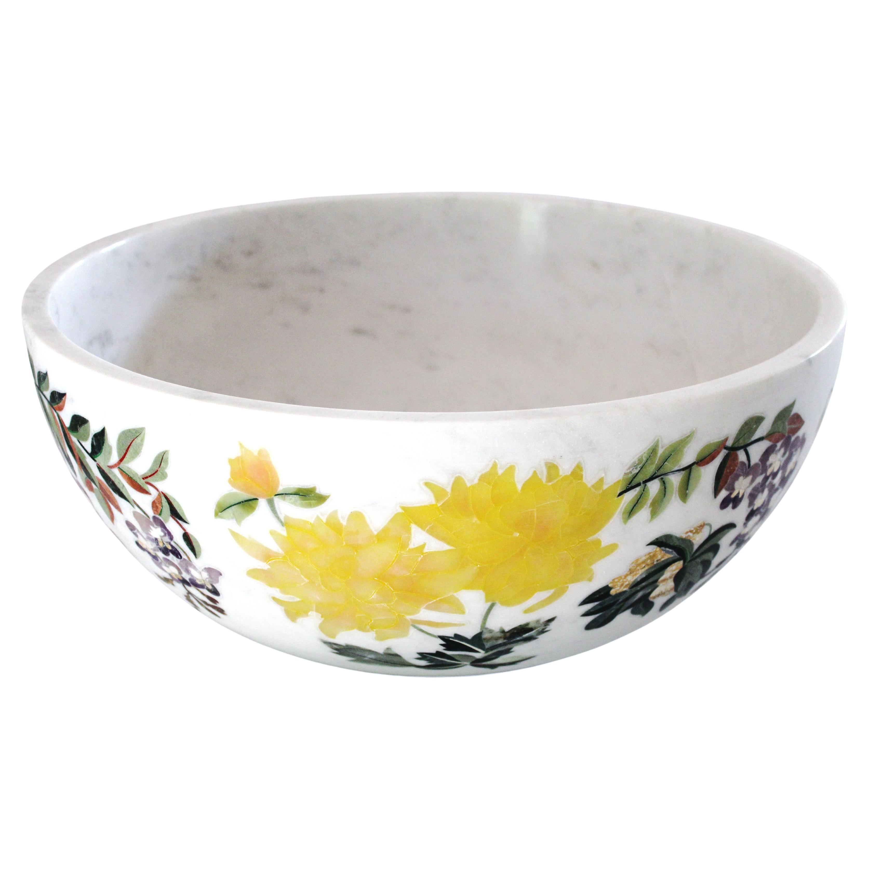 Handmade Ornamenti Bowl Inlay in White Marble by Stephanie Odegard For Sale