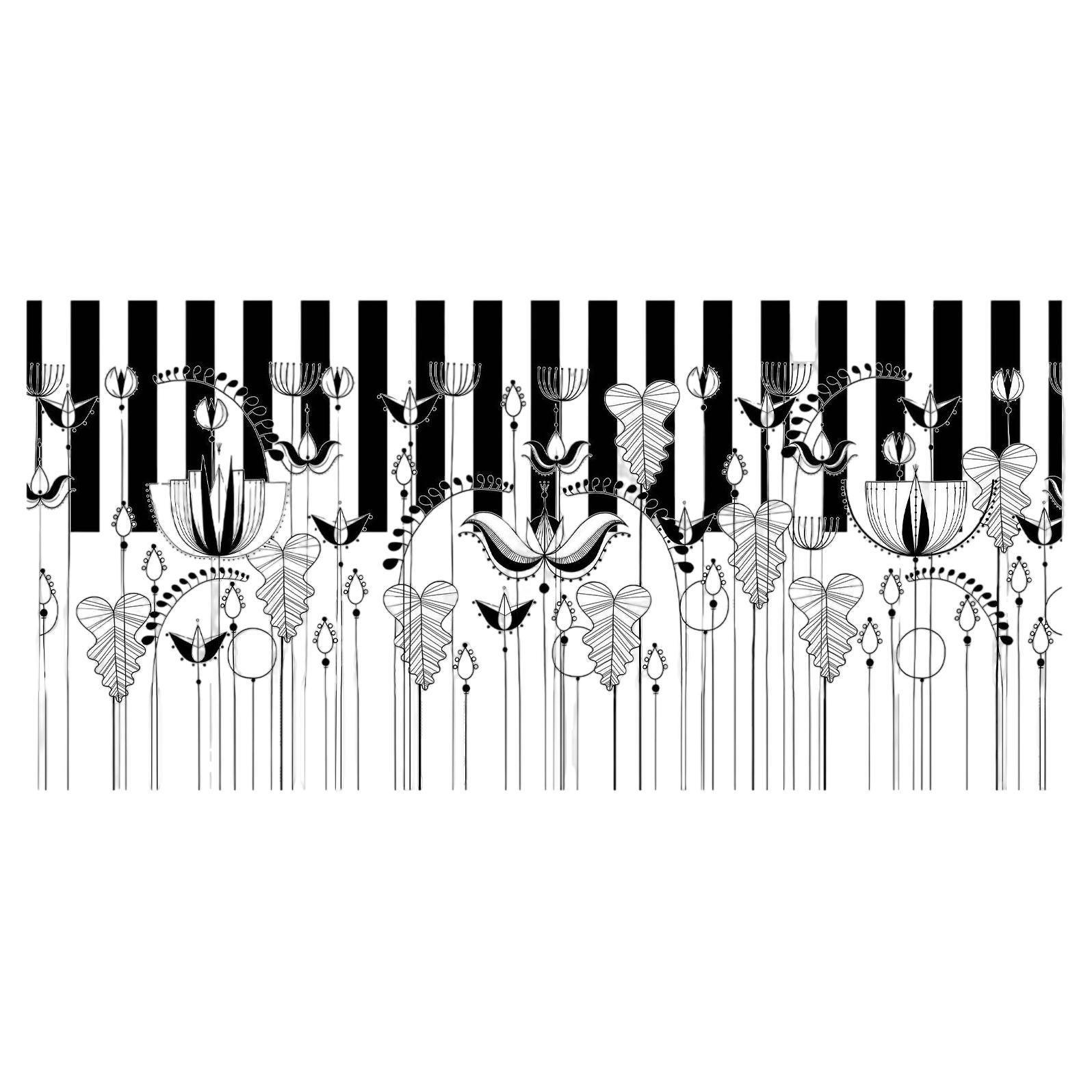 Ornami Black/White Geometric Flower Vinyl Wallpaper Made in Italy Digital Print For Sale