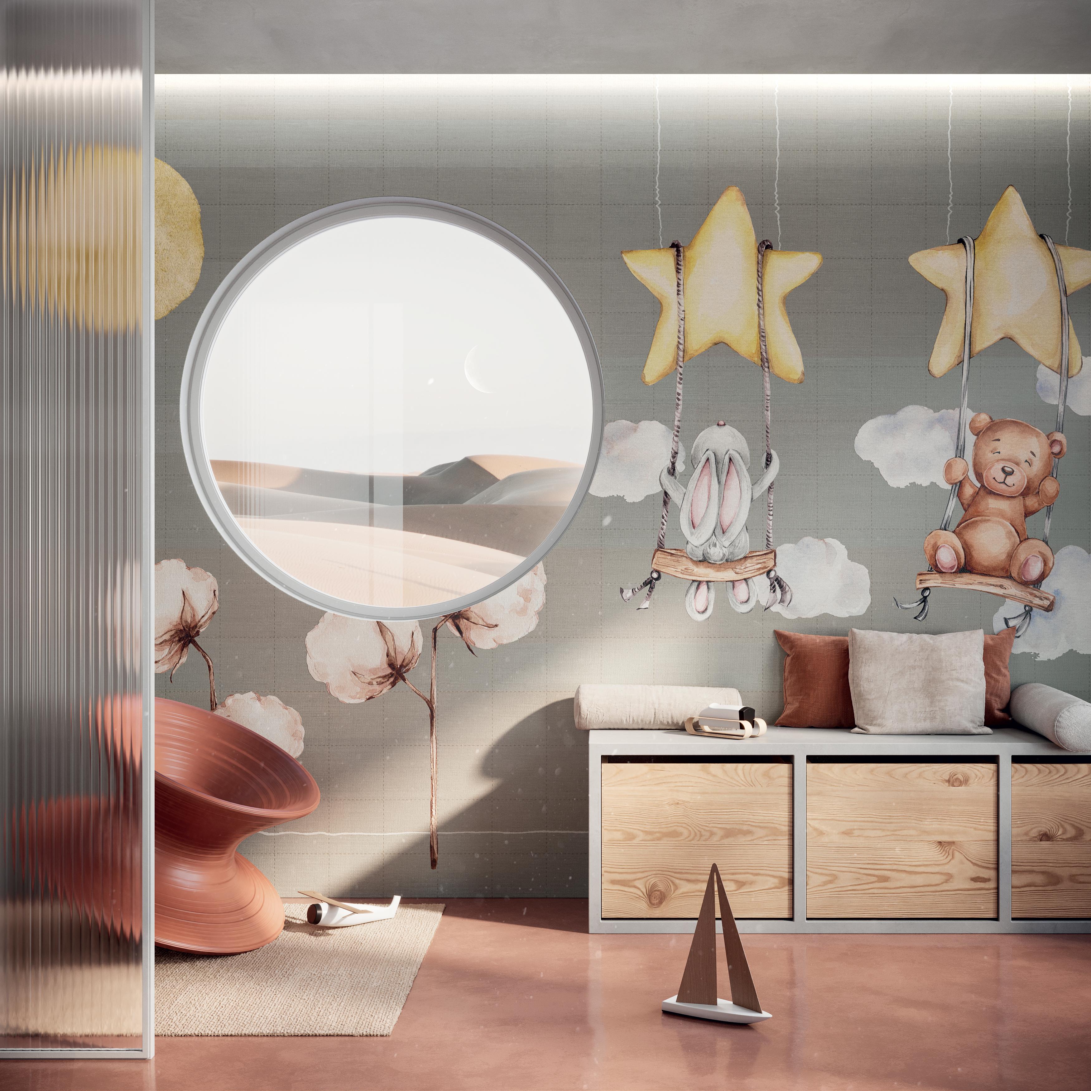 Italian Ornami Children Stars Bunny BearVinyl Wallpaper Made in Italy Digital Printing For Sale