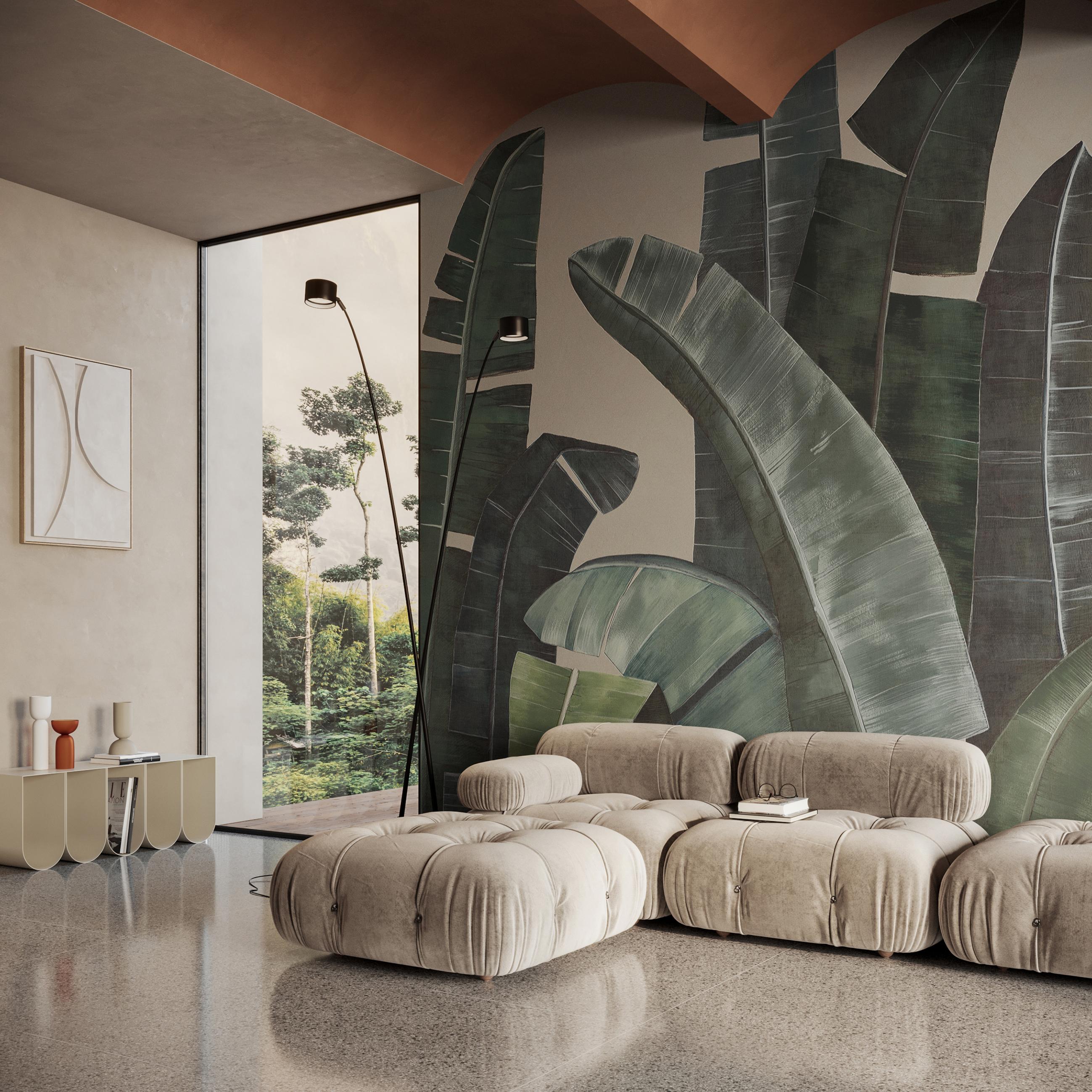 Contemporary Ornami Nature Jungle Palms Green Vinyl Wallpaper Made in Italy Digital Printing For Sale